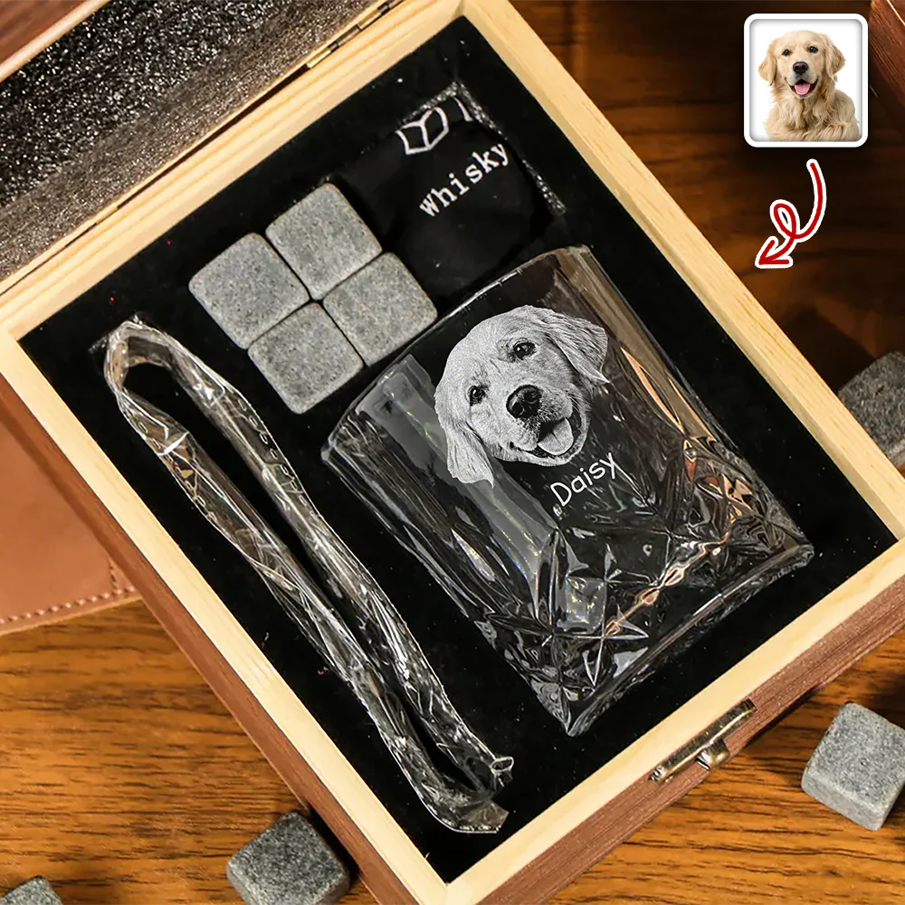 Custom Dog Photo Thank You For Being My Daddy Christmas Gift Engraved Whiskey Glass Set with Wooden Box HA75 898028 - Image 3