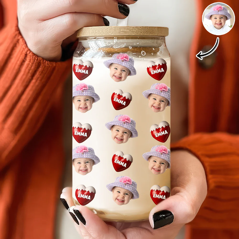 Custom Face Kid With Sweet Heart Glass Can With Lid Family Gift HA75 898330 - Image 2