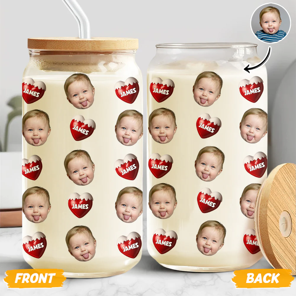 Custom Face Kid With Sweet Heart Glass Can With Lid Family Gift HA75 898330 - Image 3