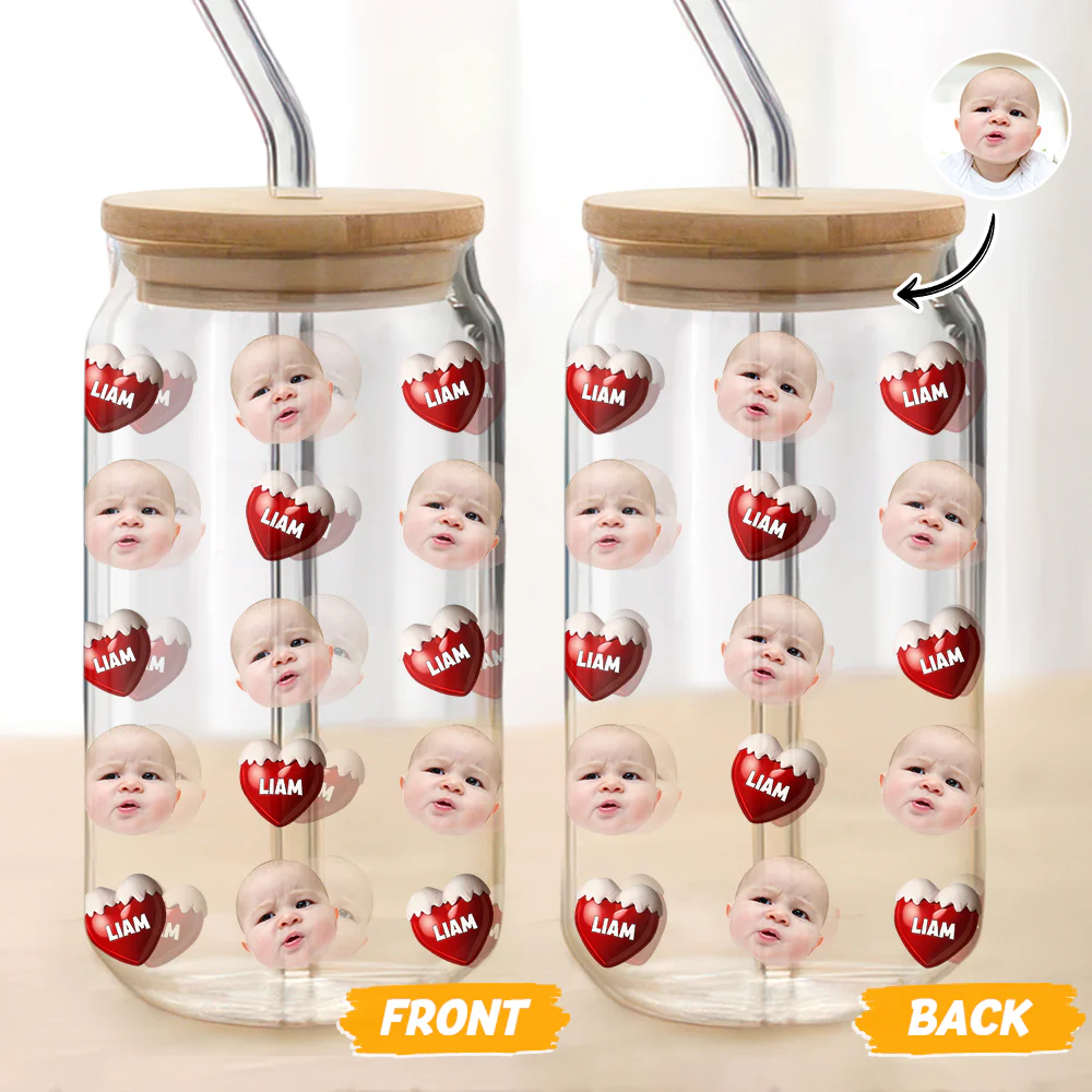 Custom Face Kid With Sweet Heart Glass Can With Lid Family Gift HA75 898330 - Image 4
