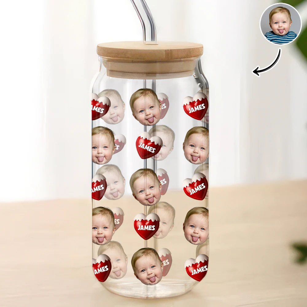 Custom Face Kid With Sweet Heart Glass Can With Lid Family Gift HA75 898330 - Image 5
