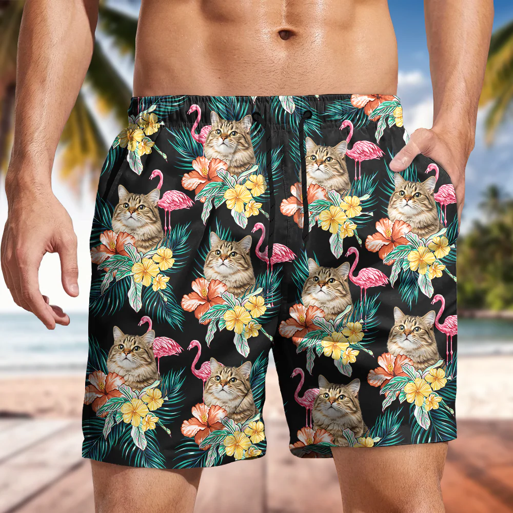 Custom Funny Photo Cat Flamingo Beach Short Summer Gift For Cat Lovers HA75 892452 - Image 2