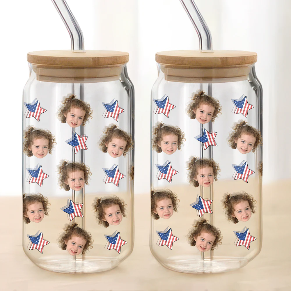 Custom Human Face With Icon US Flag Glass Can With Lid Family Gift HA75 920358 - Image 5