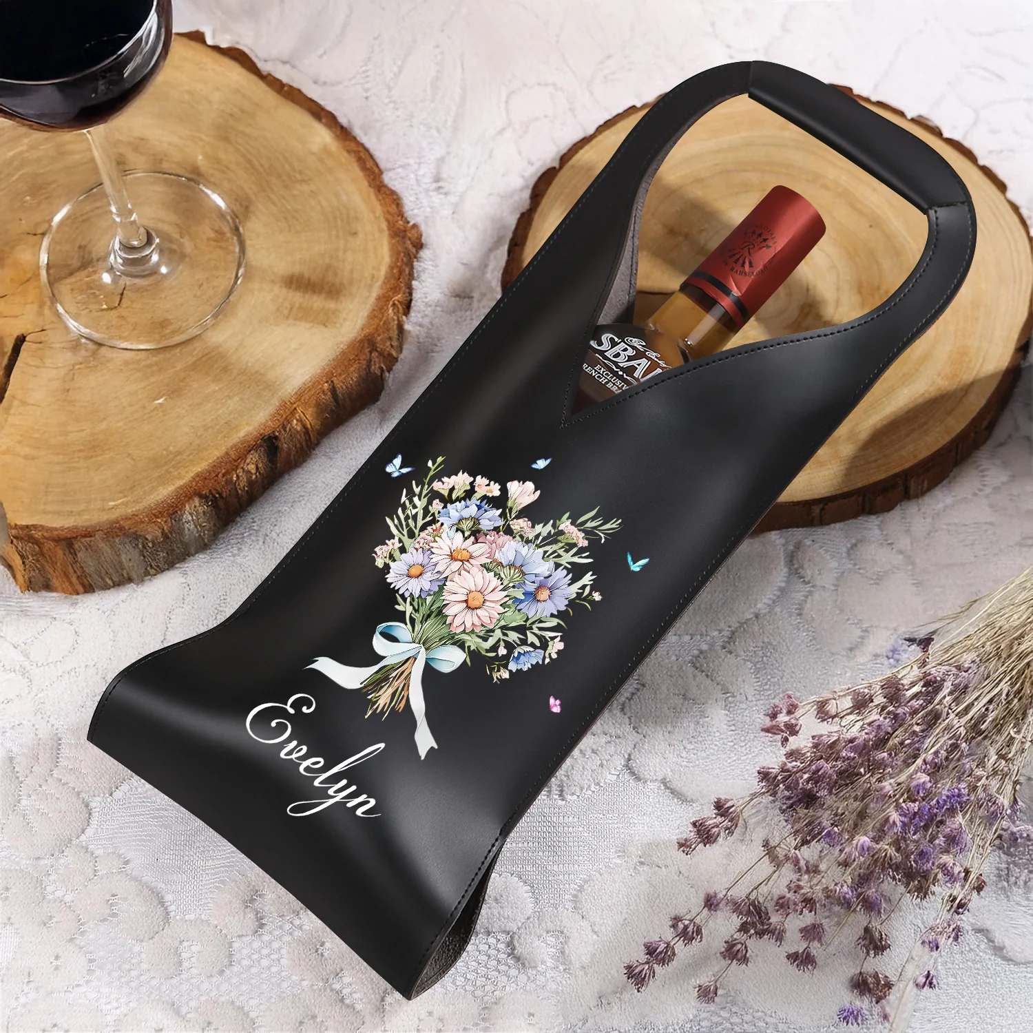 Custom Name Birthmonth Flower - Personalized Leather Wine Bag HA75 892914 - Image 3