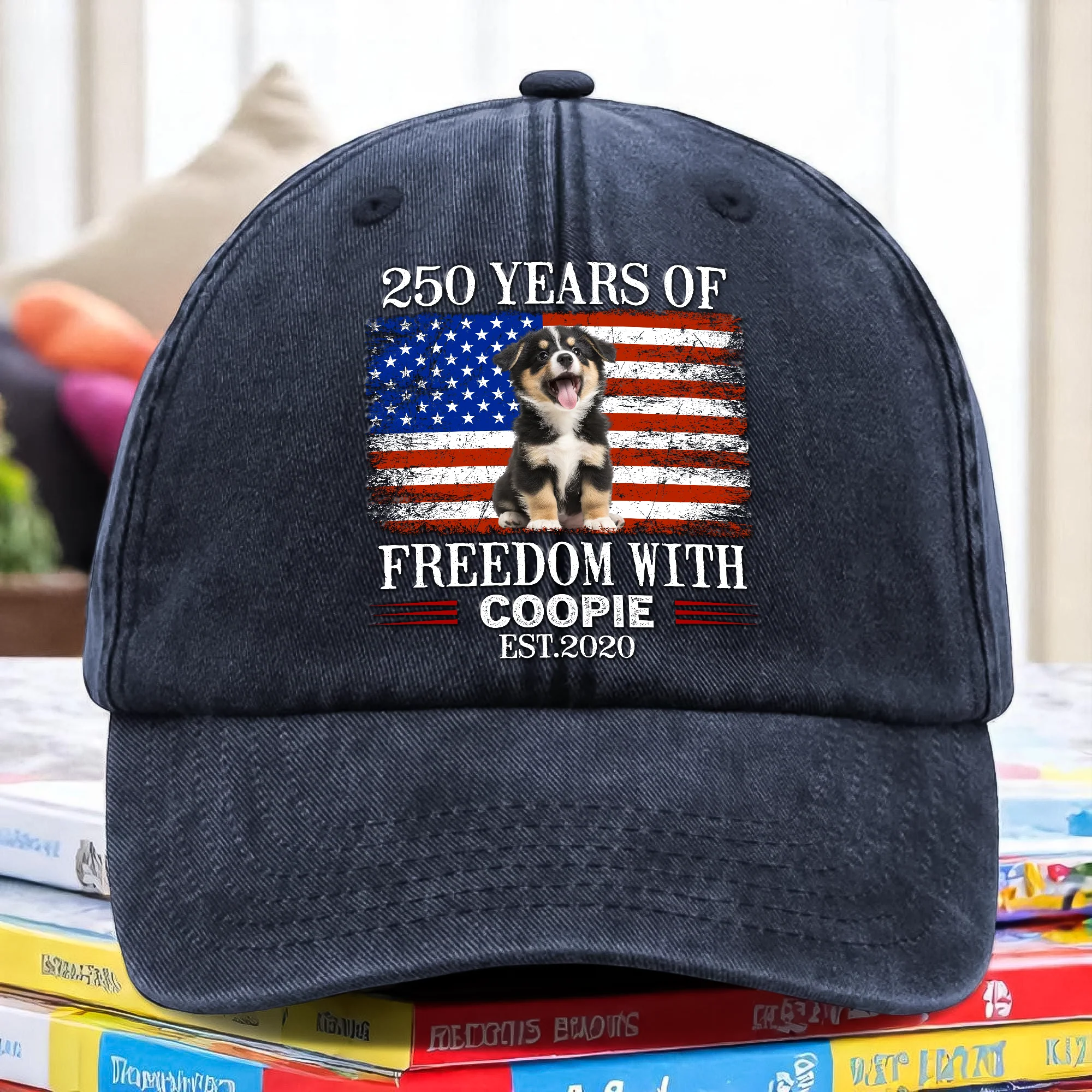 Custom Photo 250 Years Of Freedom With Dog Cat Pet Washed Denim Baseball Cap HA75 920100 - Image 2