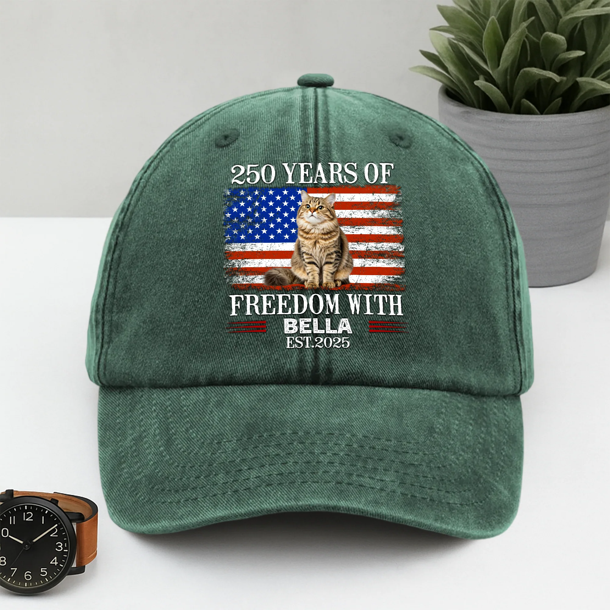 Custom Photo 250 Years Of Freedom With Dog Cat Pet Washed Denim Baseball Cap HA75 920100 - Image 4