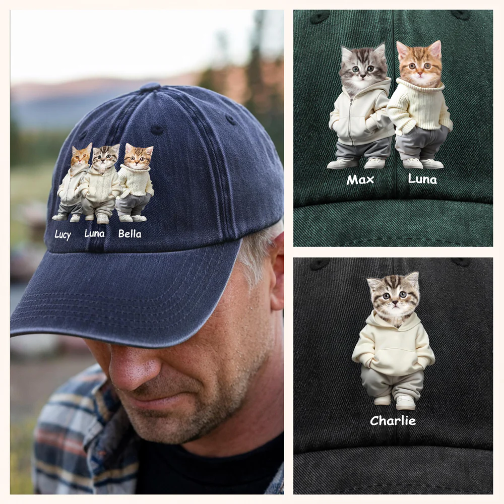 Custom Photo And Name Cat Washed Denim Baseball Cap For Cat Pet Lover HA75 897526 - Image 3