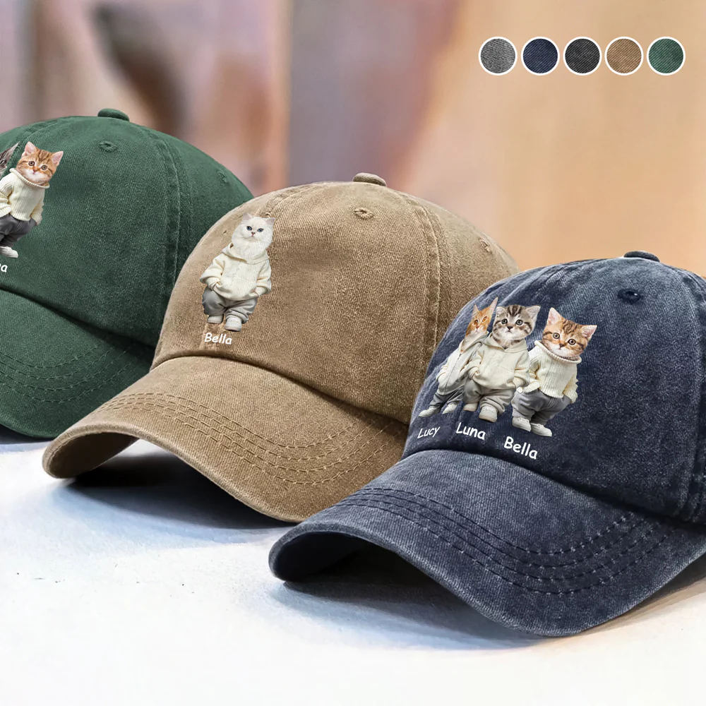 Custom Photo And Name Cat Washed Denim Baseball Cap For Cat Pet Lover HA75 897526 - Image 4