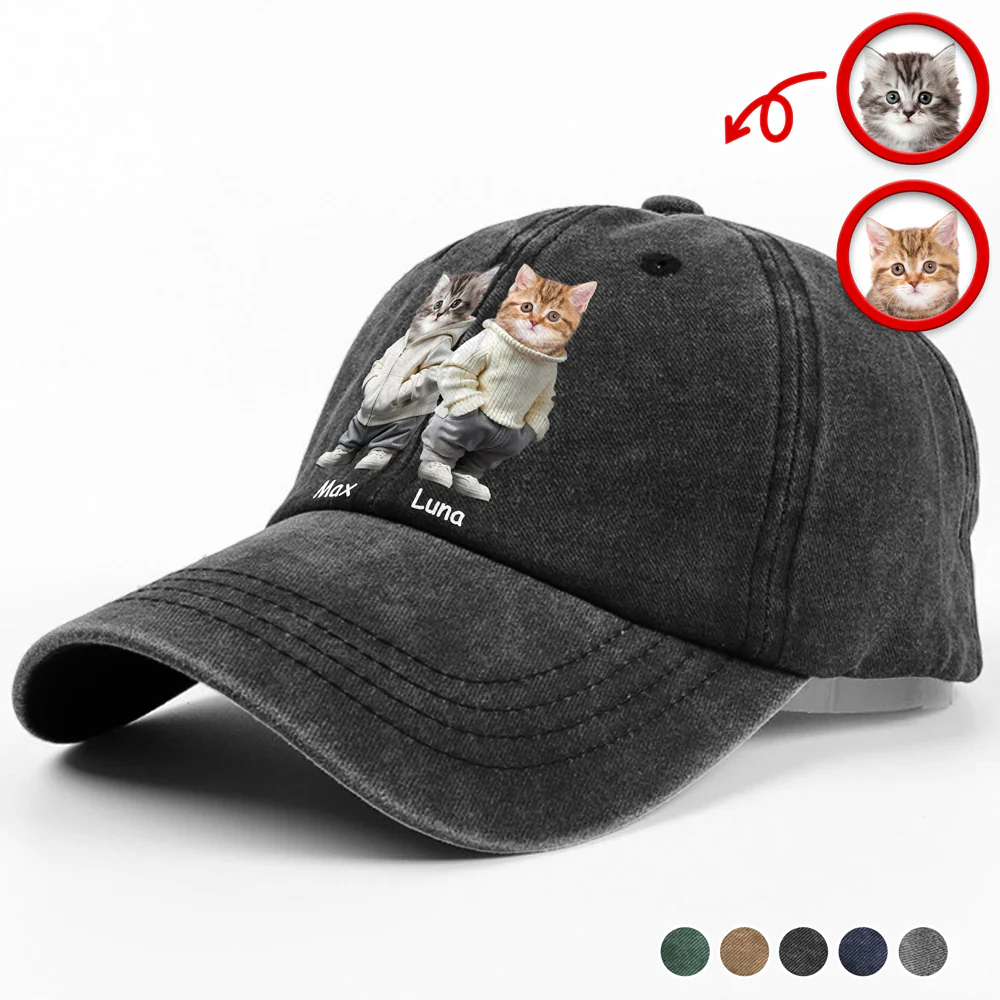 Custom Photo And Name Cat Washed Denim Baseball Cap For Cat Pet Lover HA75 897526 - Image 5