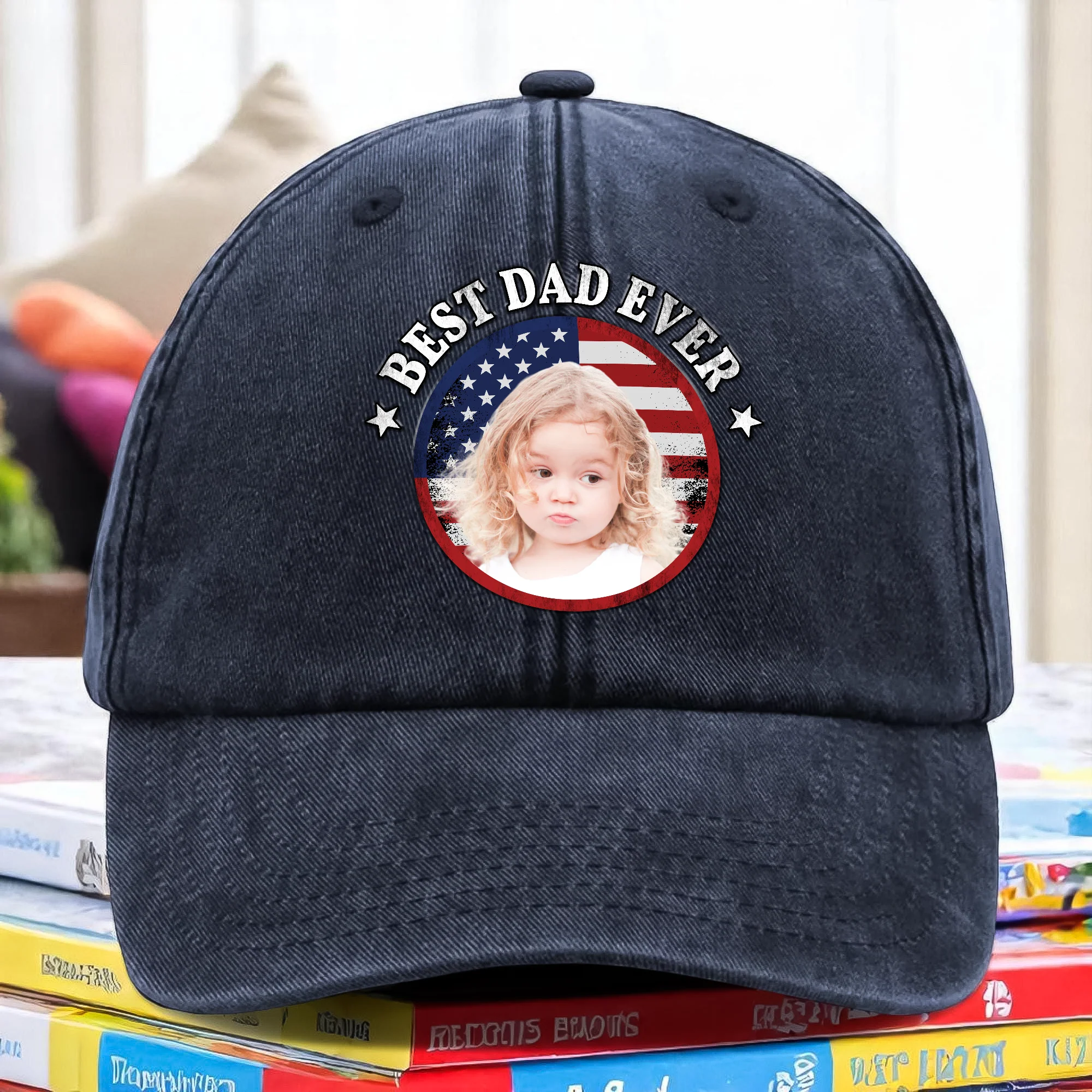 Custom Photo Best Dad Ever With US Flag Washed Denim Baseball Cap HA75 892528 - Image 2
