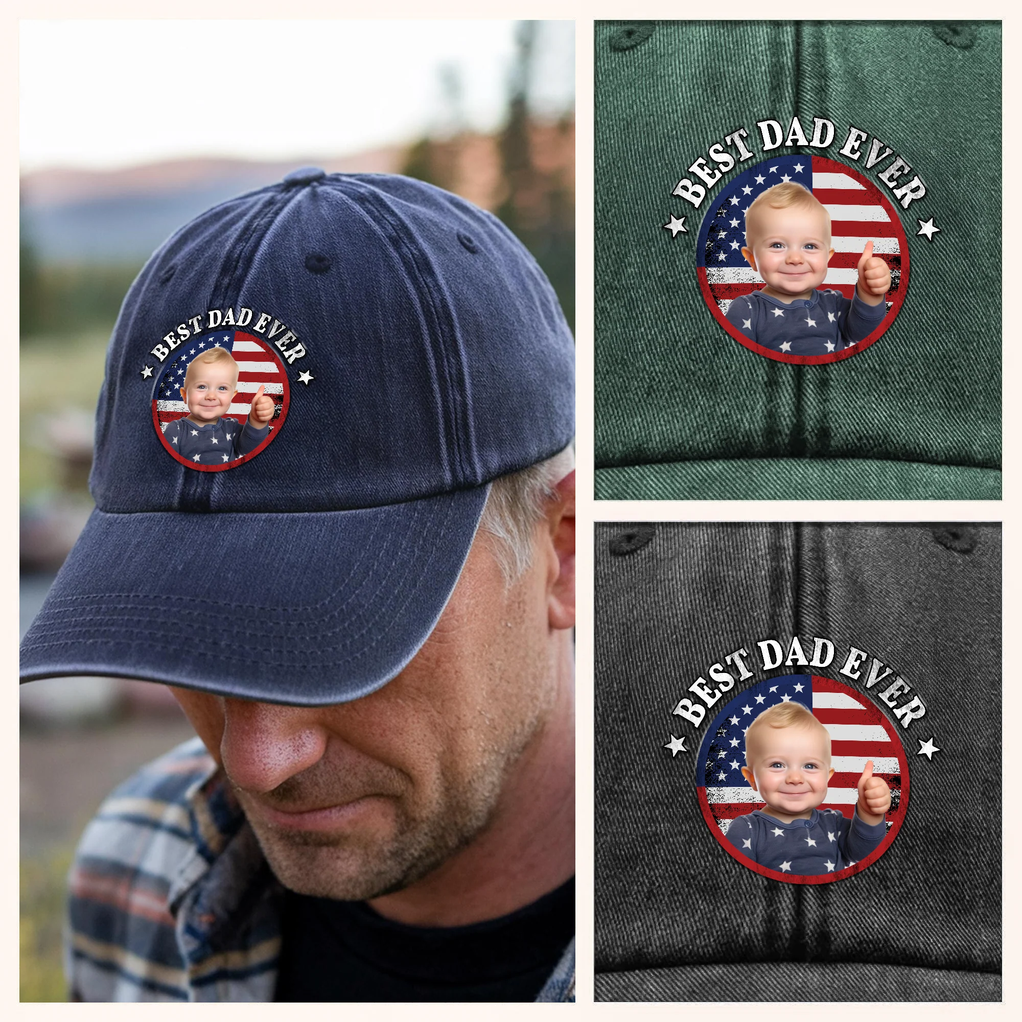 Custom Photo Best Dad Ever With US Flag Washed Denim Baseball Cap HA75 892528 - Image 5