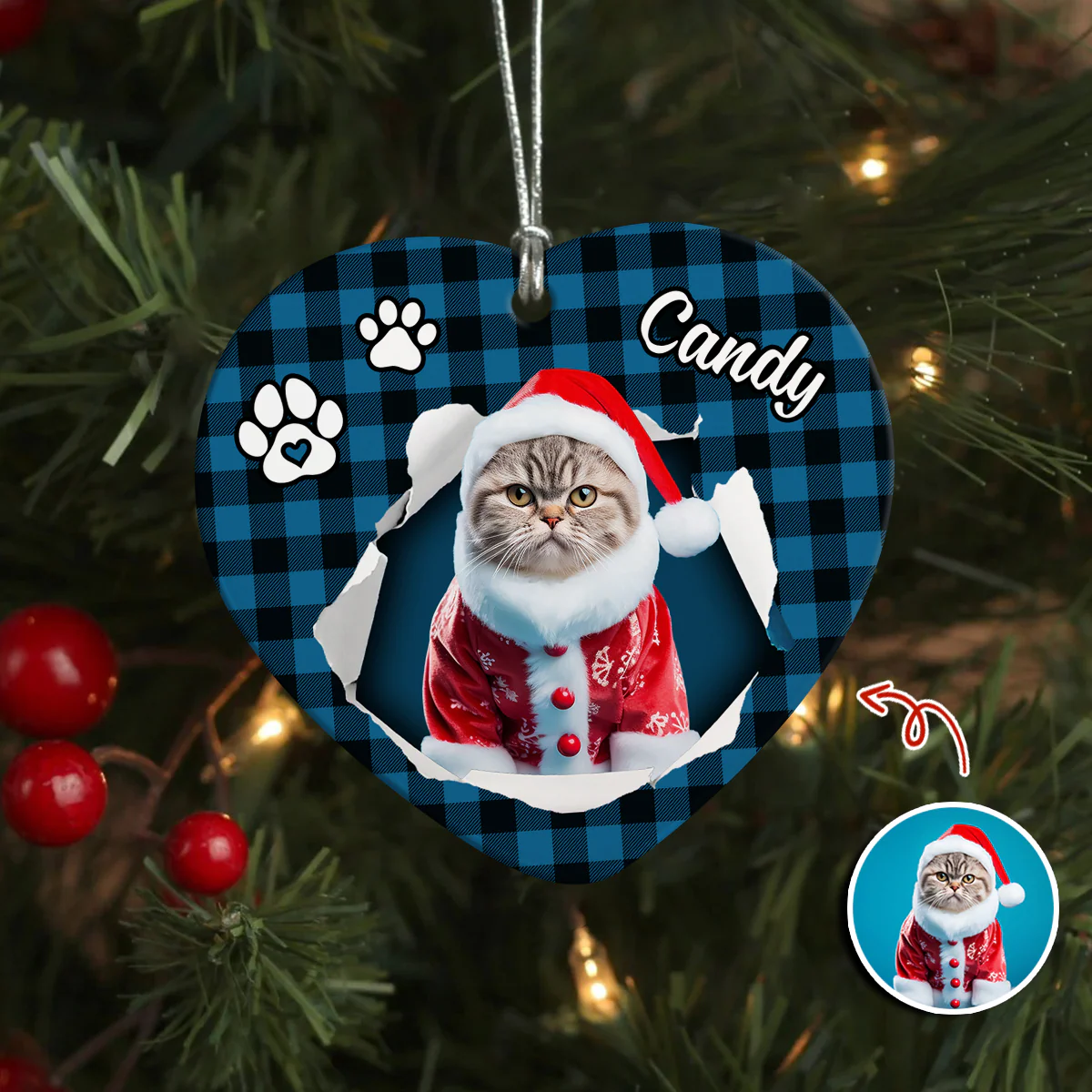 Custom Photo Cat Christmas Heart Shaped Ceramic Ornament HA75 897458 - Image 2