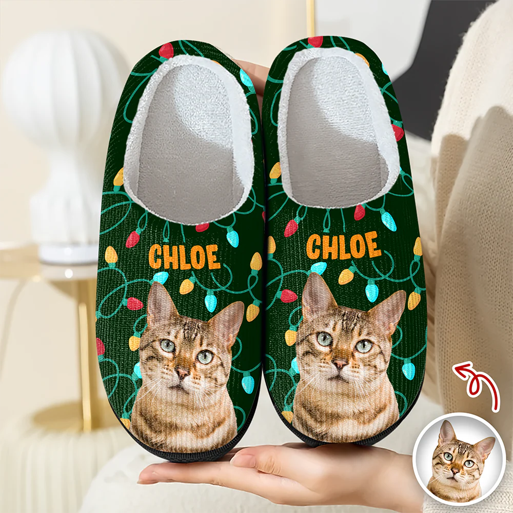 Custom Photo Cat Christmas Lights Slippers Unique Funny Gift HA75 897694 - Image 3