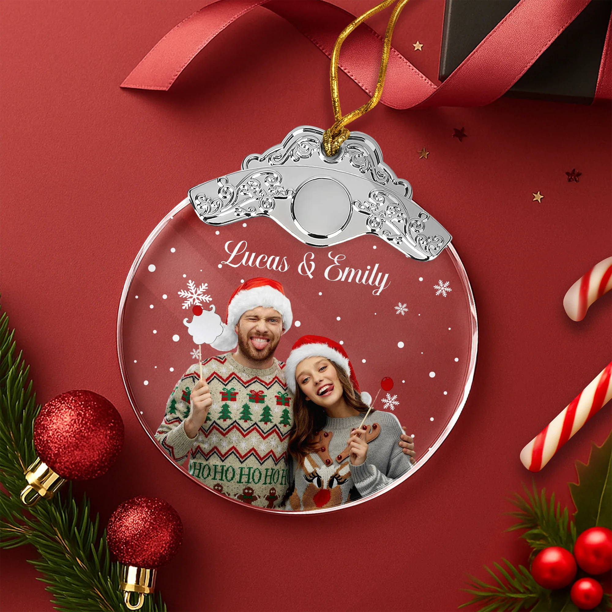 Custom Photo Couple Metal Glass Ornament For Christmas HA75 897178 - Image 3