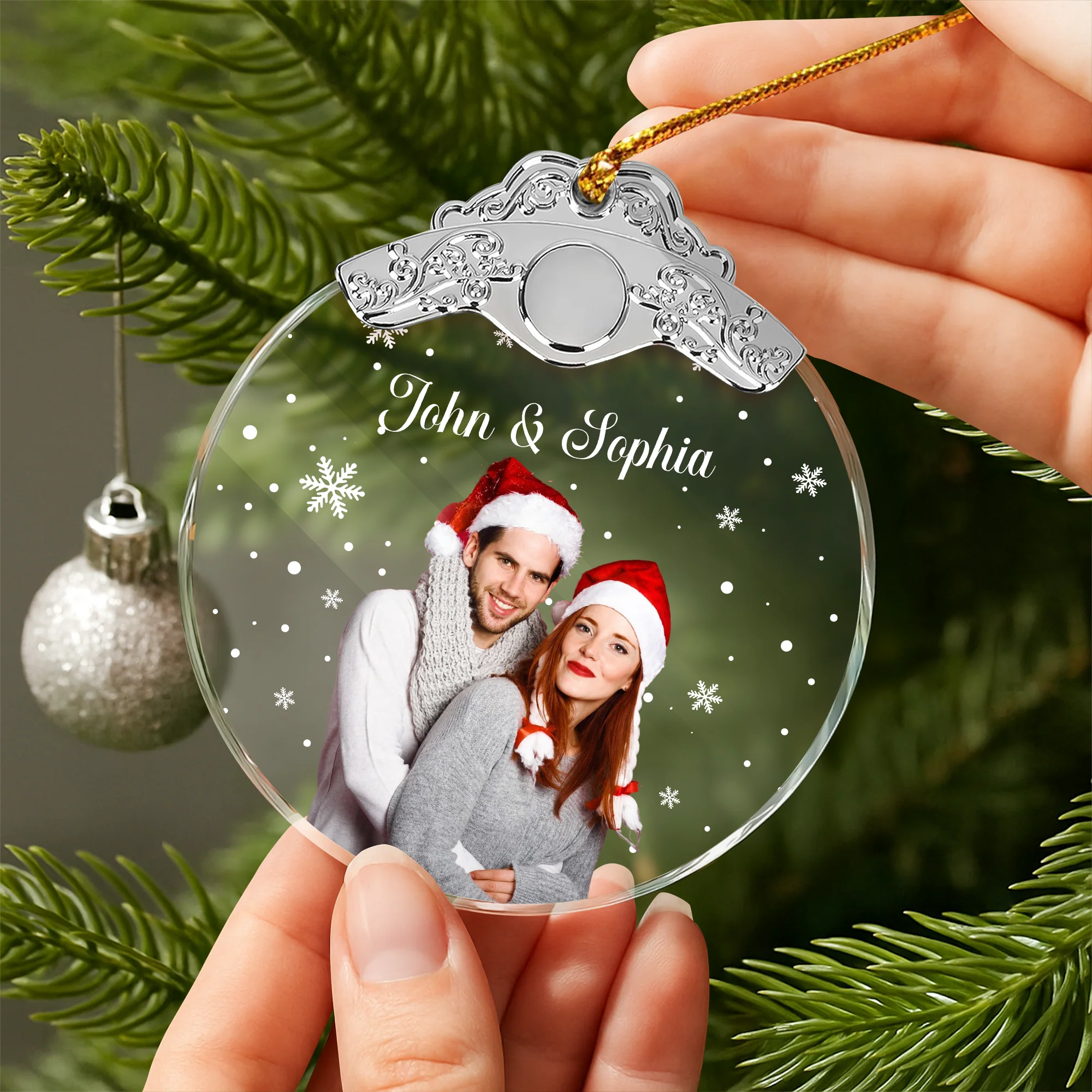 Custom Photo Couple Metal Glass Ornament For Christmas HA75 897178 - Image 4