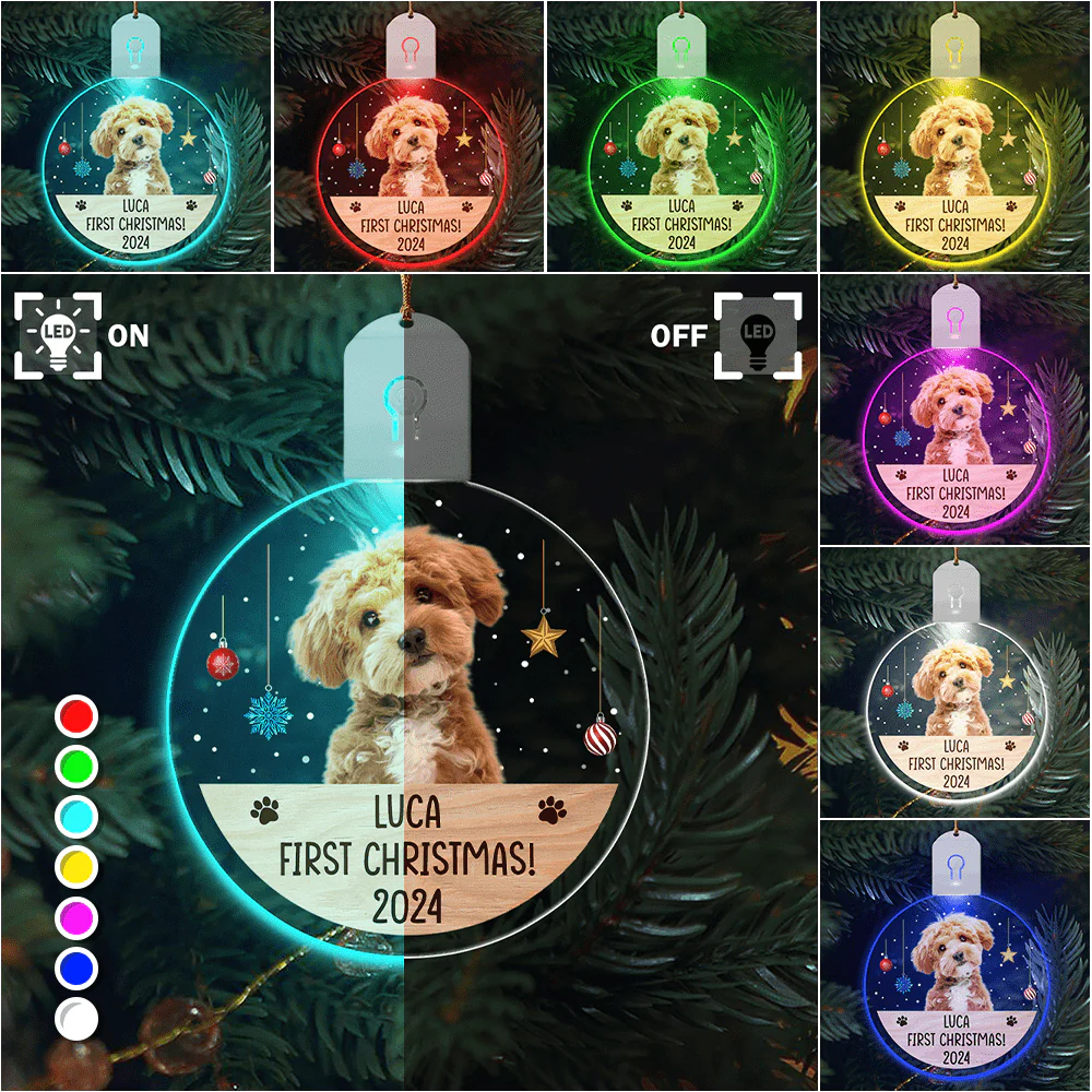 Custom Photo Dog, Cat First Christmas Circle Led Acrylic Ornament HA75 891678 - Image 2
