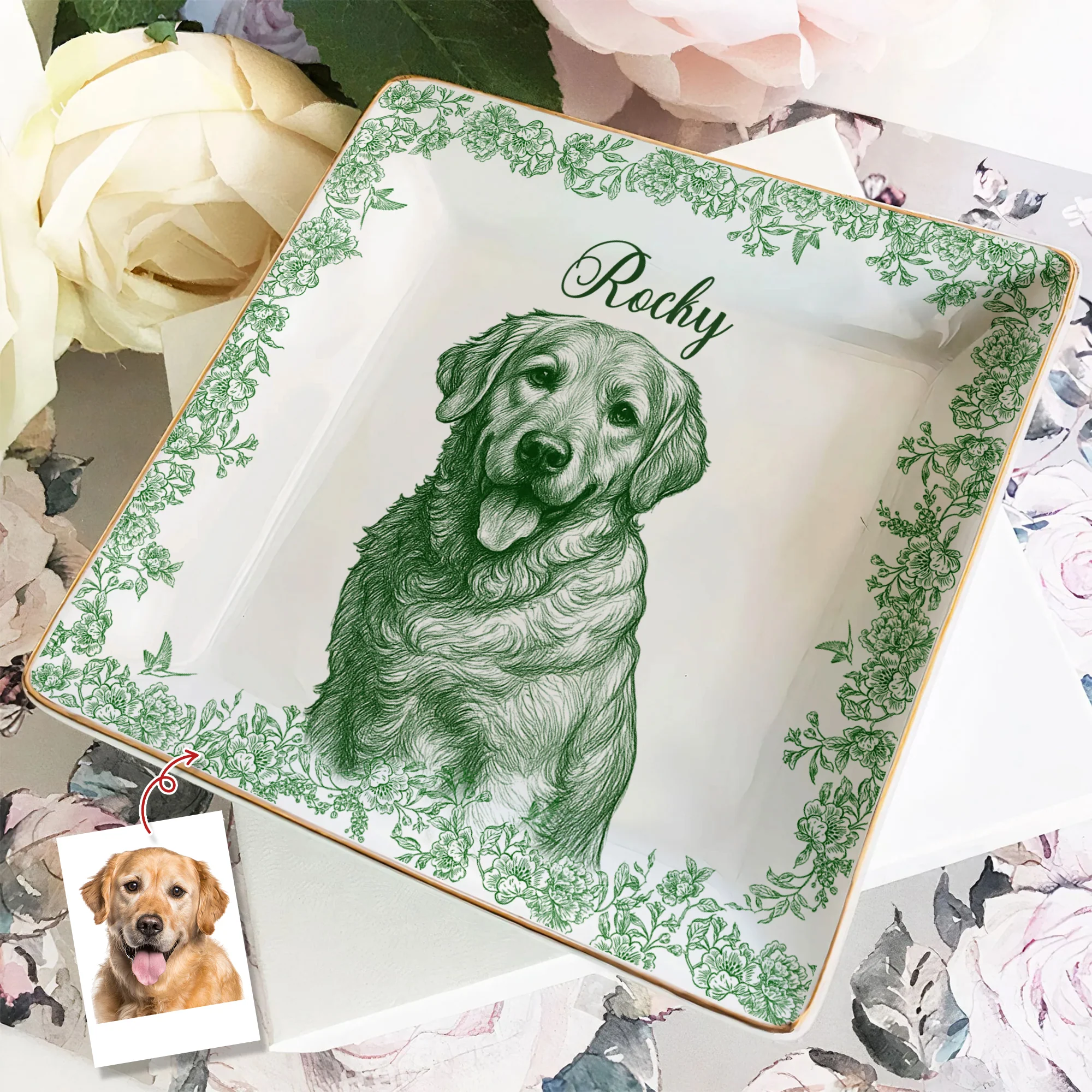 Custom Photo Dog Cat Toile De Jouy Style Jewelry Dish HA75 898320 - Image 5