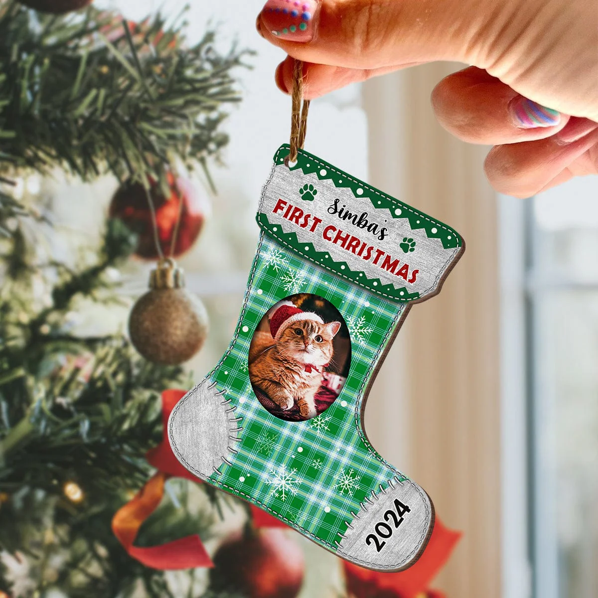Custom Photo First Christmas Dog Cat Stocking Wood Ornament HA75 891110 - Image 2