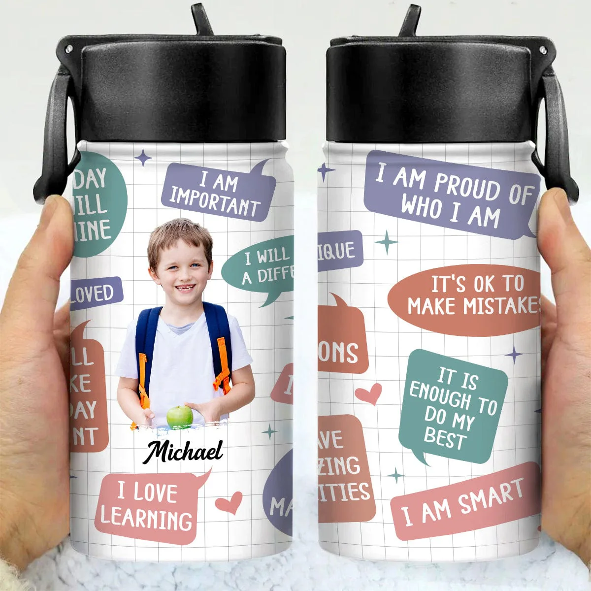 Custom Photo Kid Daily Affirmations Kid Water Bottle With Straw HA75 891210 - Image 2
