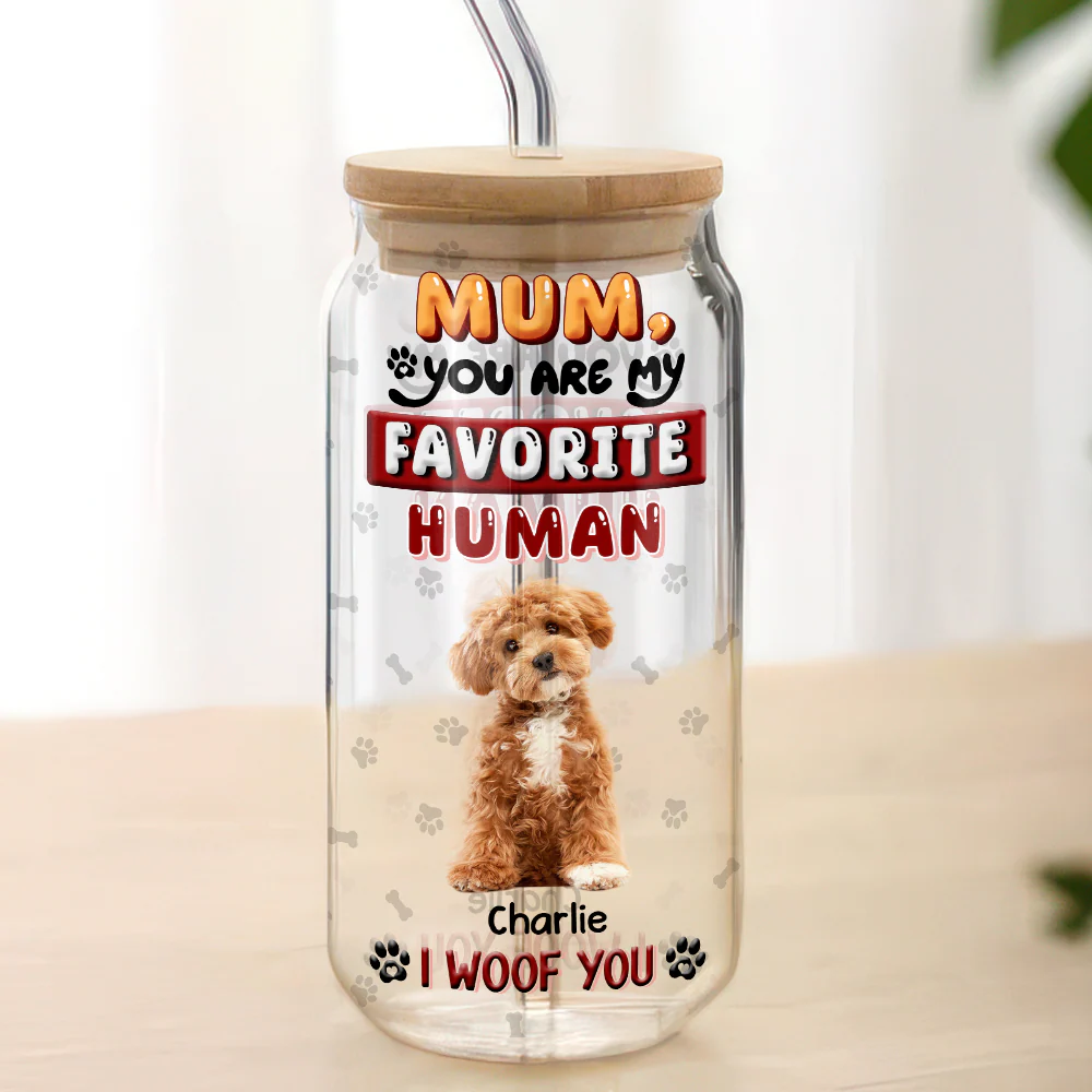 Custom Photo Mom, Dad You Are My Favorite Human Dog Glass Can With Lid HA75 892058 - Image 2