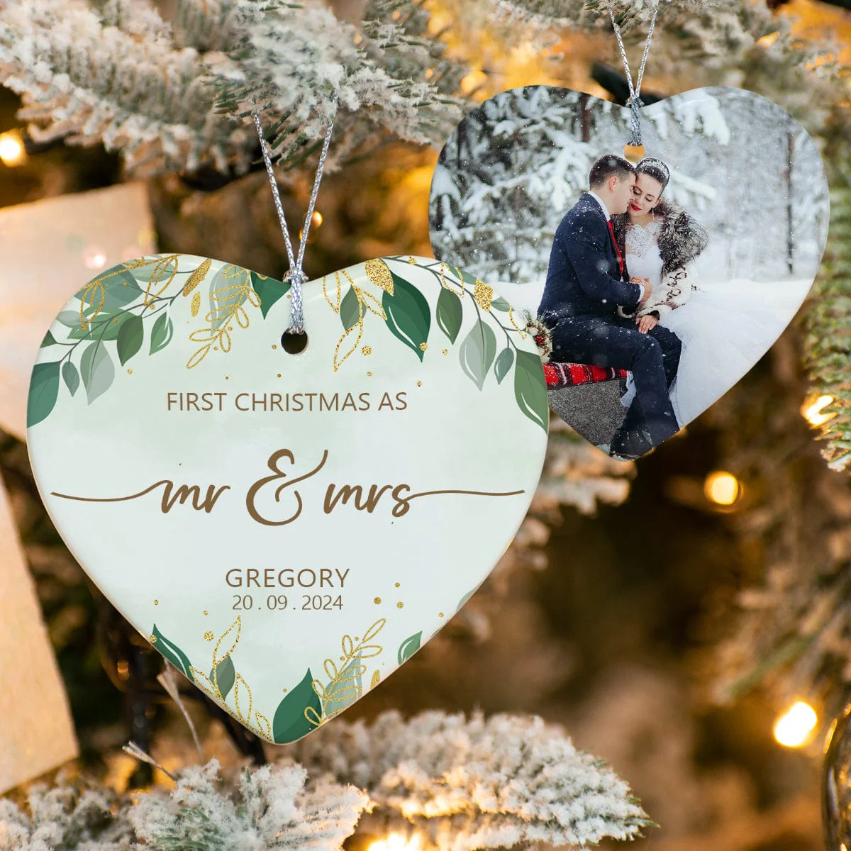 Custom Photo Mr And Mrs First Christmas Married Heart Shaped Ceramic Ornament HA75 891568