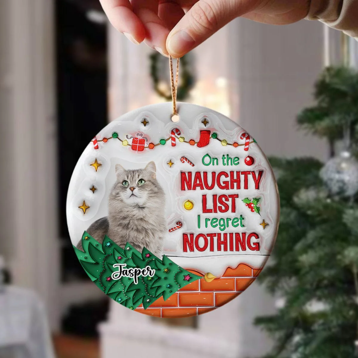 Custom Photo On The Naughty List And I Regret Nothing Cat 3D Inflated Effect Printed Ornament N304 HA75 891590 - Image 2