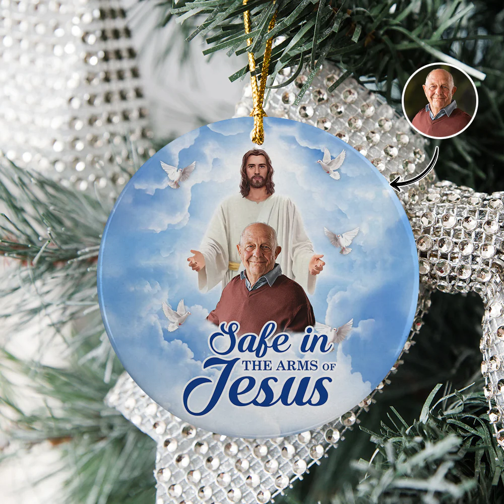 Custom Photo Safe In The Arms Of Jesus Memorial Ceramic Ornament For Christmas HA75 897516 - Image 3