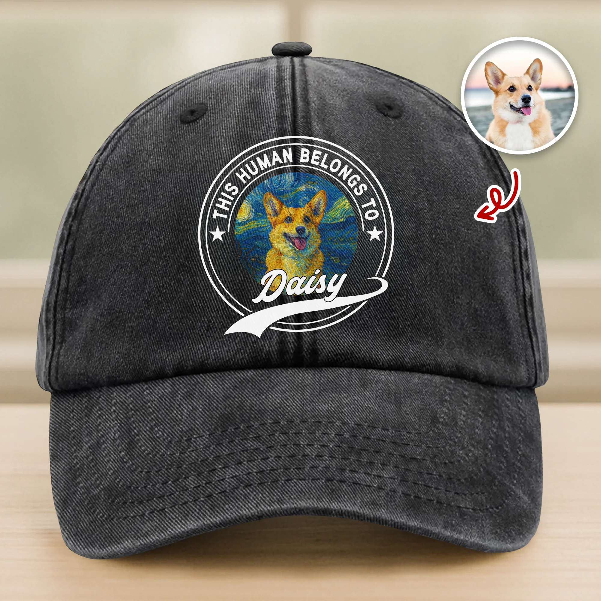 Custom Photo This Human Belongs To Dog Van Gogh Style Washed Denim Baseball Cap HA75 897214 - Image 11