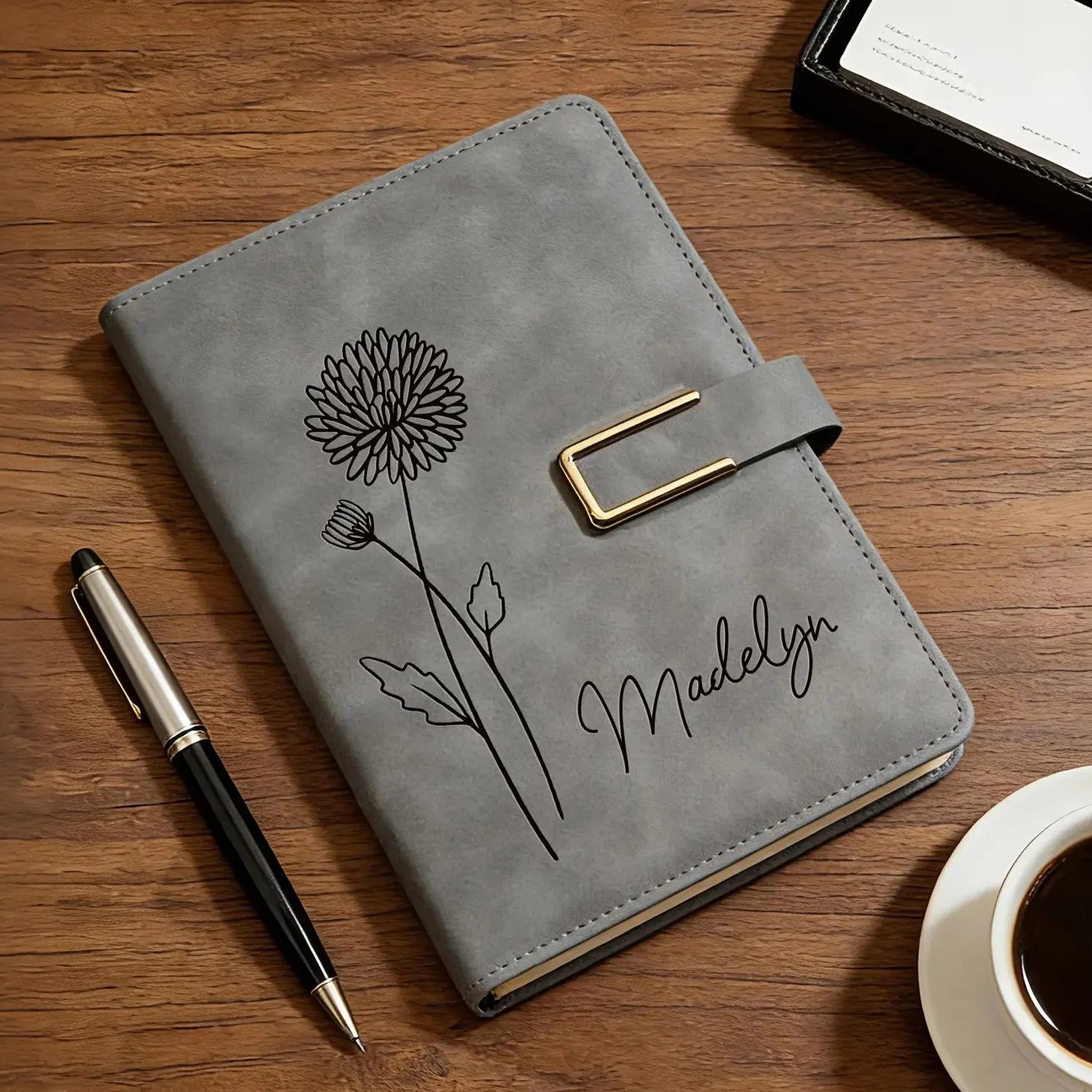 Engraved Birth Flower Leather Journal, Personalized Name Notebook Set, Graduation Gifts for Her HA75 920592 - Image 2