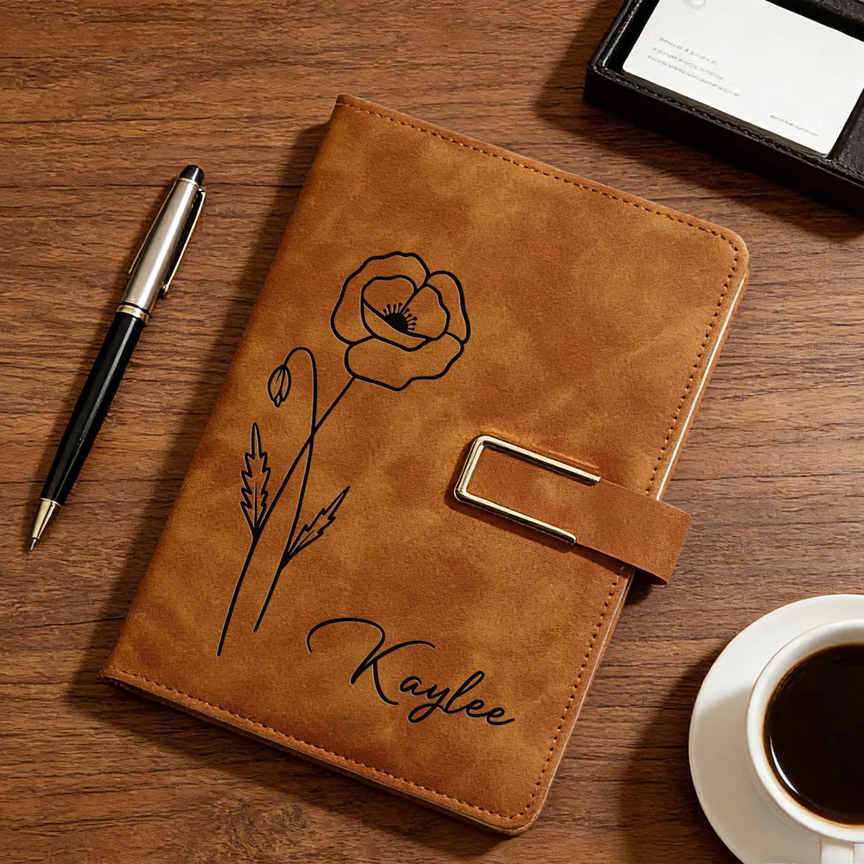 Engraved Birth Flower Leather Journal, Personalized Name Notebook Set, Graduation Gifts for Her HA75 920592 - Image 9