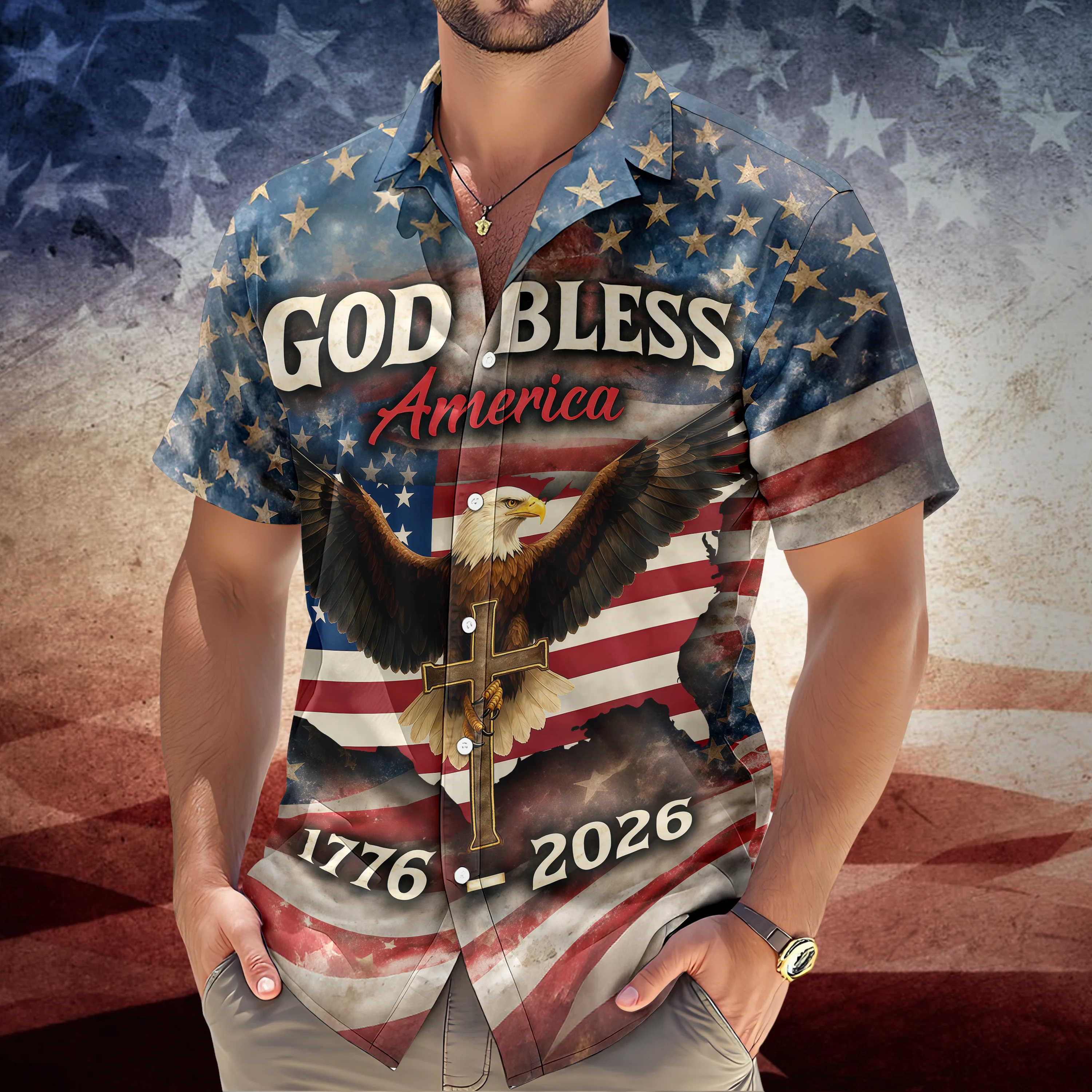 Patriotic 250th Anniversary God Bless America Eagle 1776–2026 Hawaii Shirt HA75 920150 - Image 2