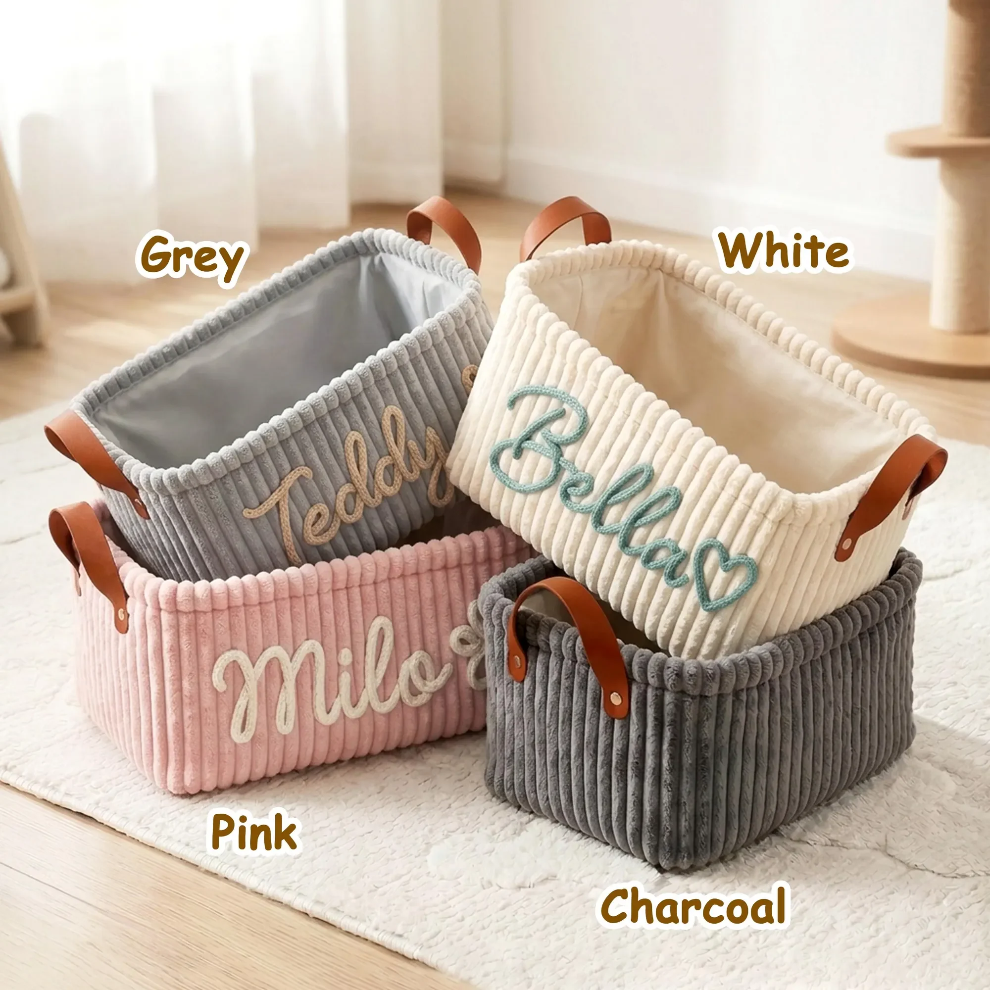 Personalized Dog Cat Pet Rectangle Toy Basket – Corduroy Pet Organizer with Name HA75 921704 - Image 4