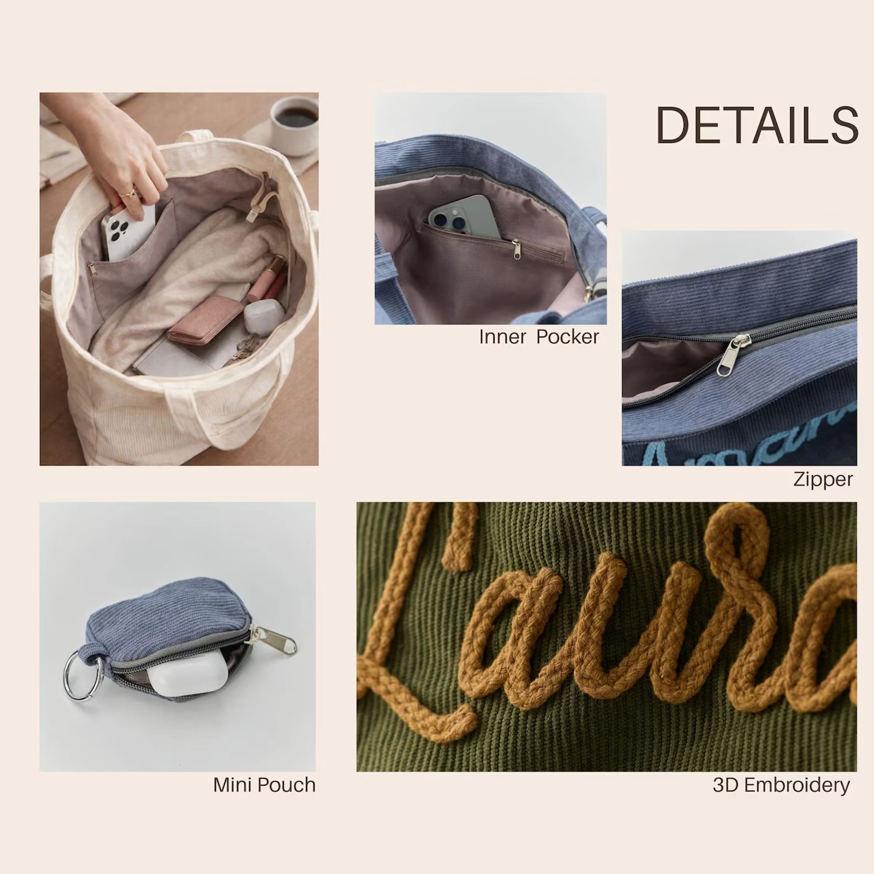 Personalized Embroidered Corduroy Tote - Bridesmaid Gift, Everyday Essential & Weekender HA75 920584 - Image 6