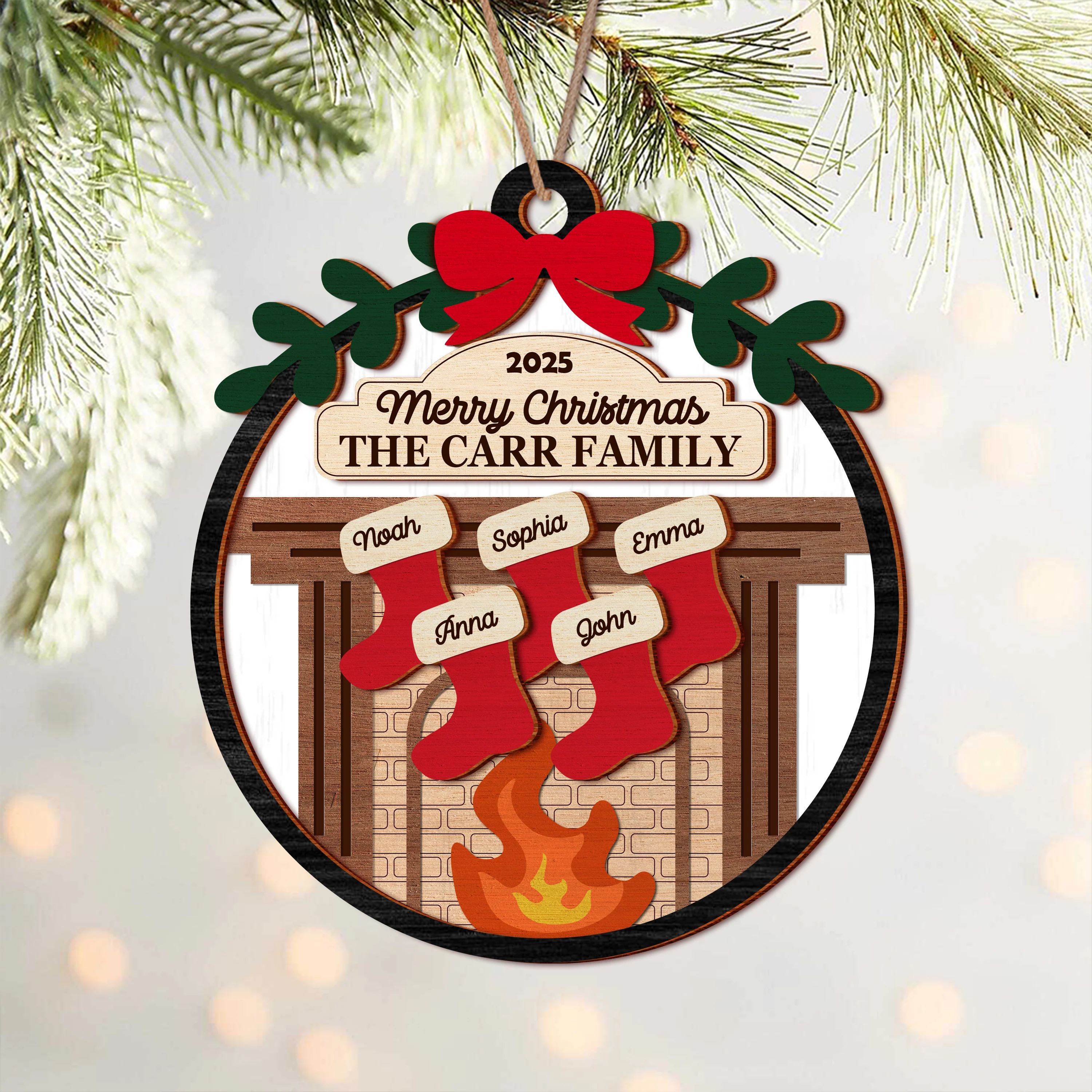 Personalized Family Holiday Fireplace Stocking 2 Layer Wooden Ornament HA75 892770 - Image 3