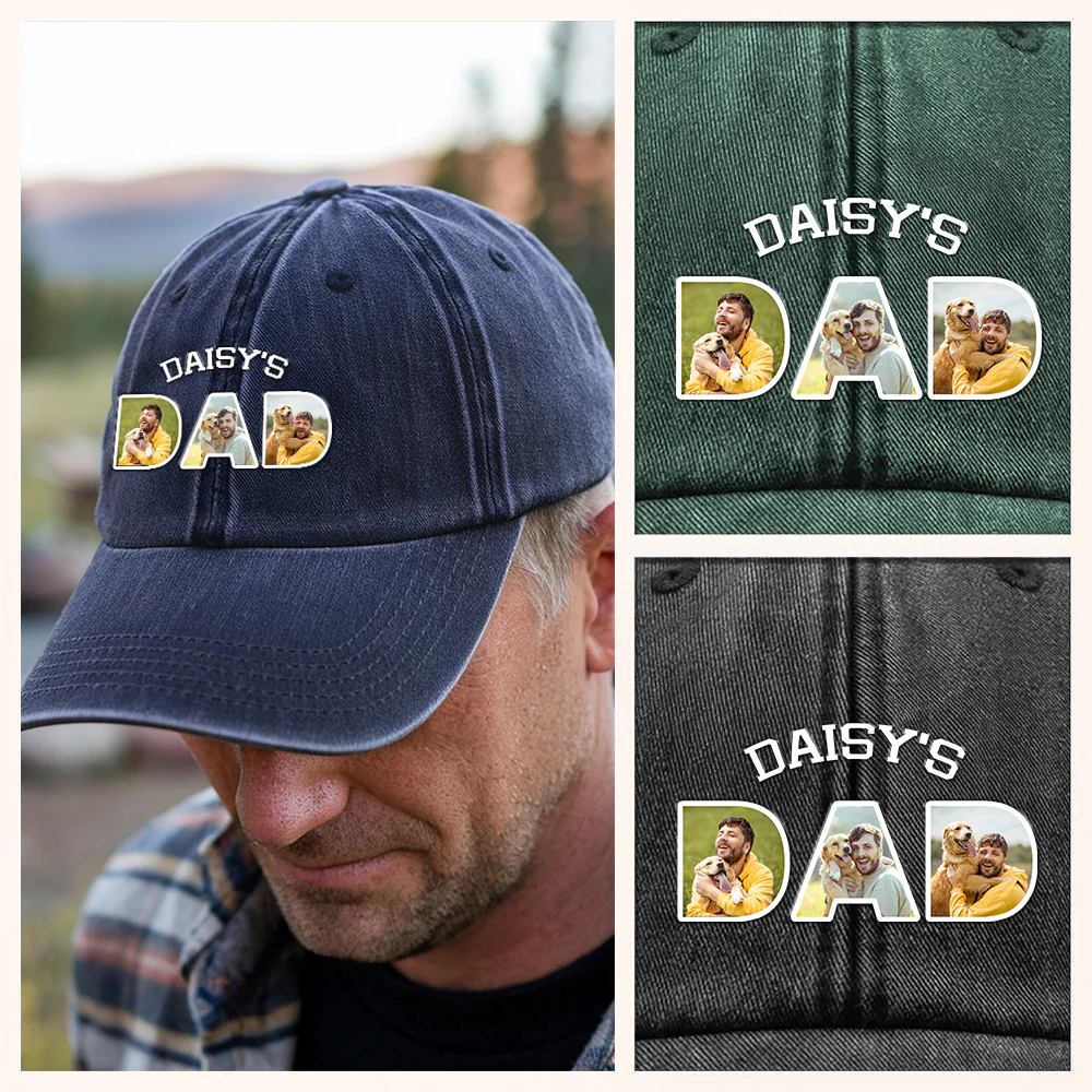 Upload Photo Dog, Cat & Dad - Dog, Cat's Dad Washed Denim Baseball Cap HA75 892510 - Image 4