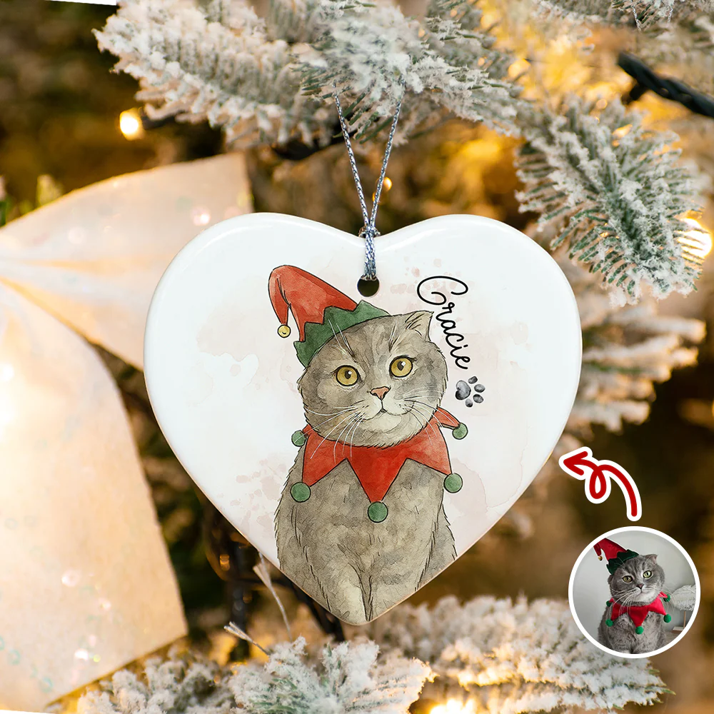 Custom Cat Photo Watercolor Potrait Keepsake Heart Shaped Ceramic Ornament LM32 895609 - Image 3