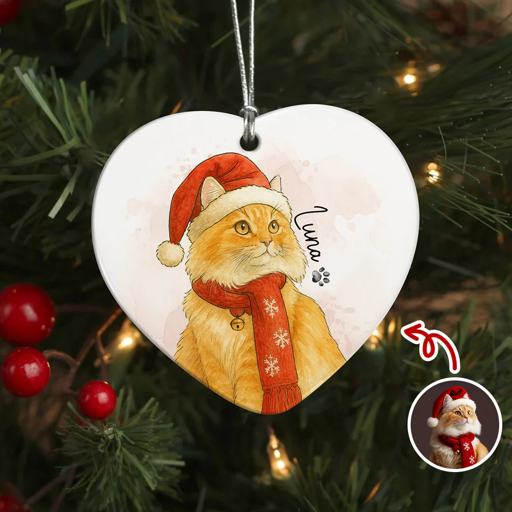 Custom Cat Photo Watercolor Potrait Keepsake Heart Shaped Ceramic Ornament LM32 895609 - Image 4