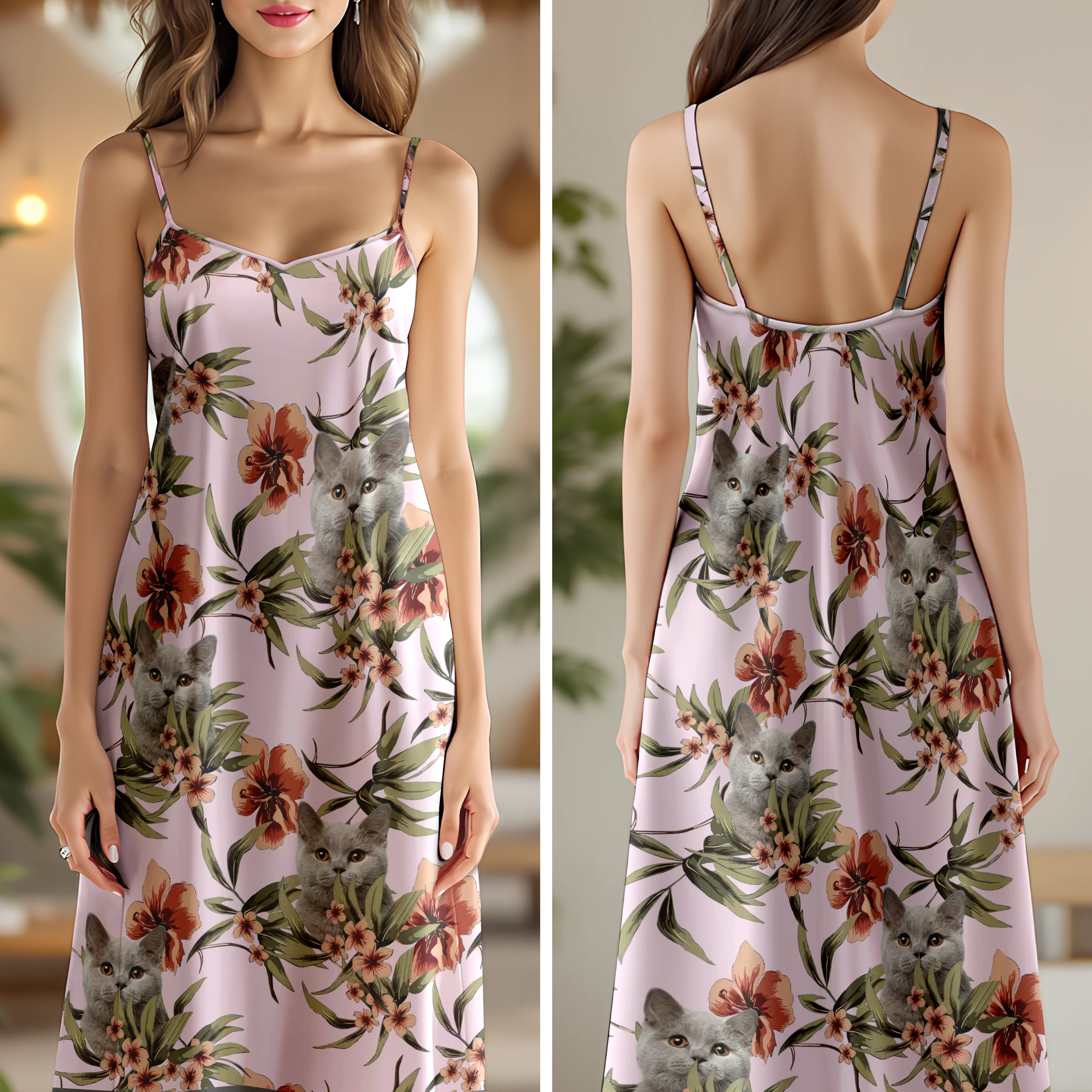 Custom Cat Photo With Floral Pattern Women's V-neck Cami Maxi Dress LM32 893327 - Image 10