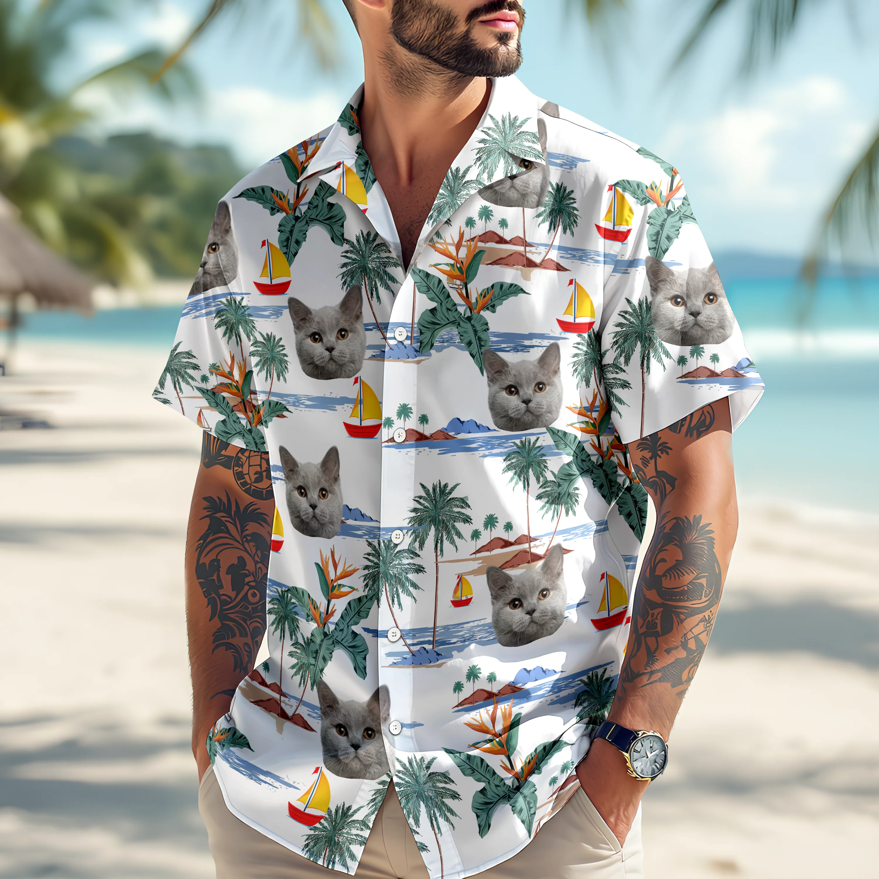 Custom Cute Cat Face Tropical Summer Vibe Hawaii Shirt LM32 893415 - Image 3