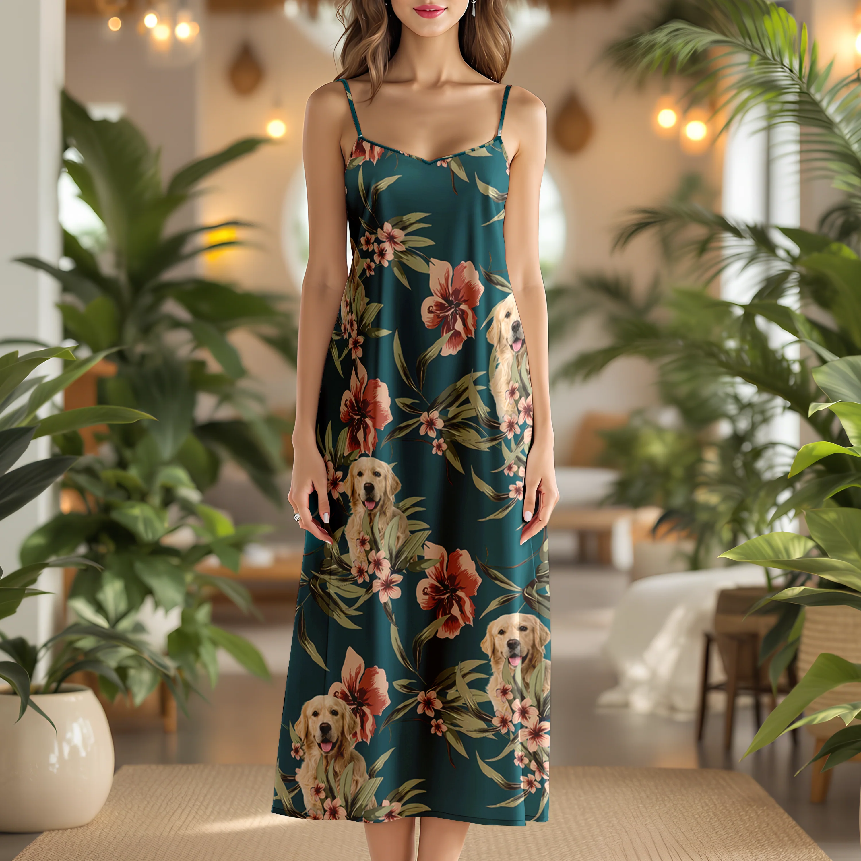 Custom Cute Dog Photo With Floral Pattern Women's V-neck Cami Maxi Dress LM32 893313 - Image 2