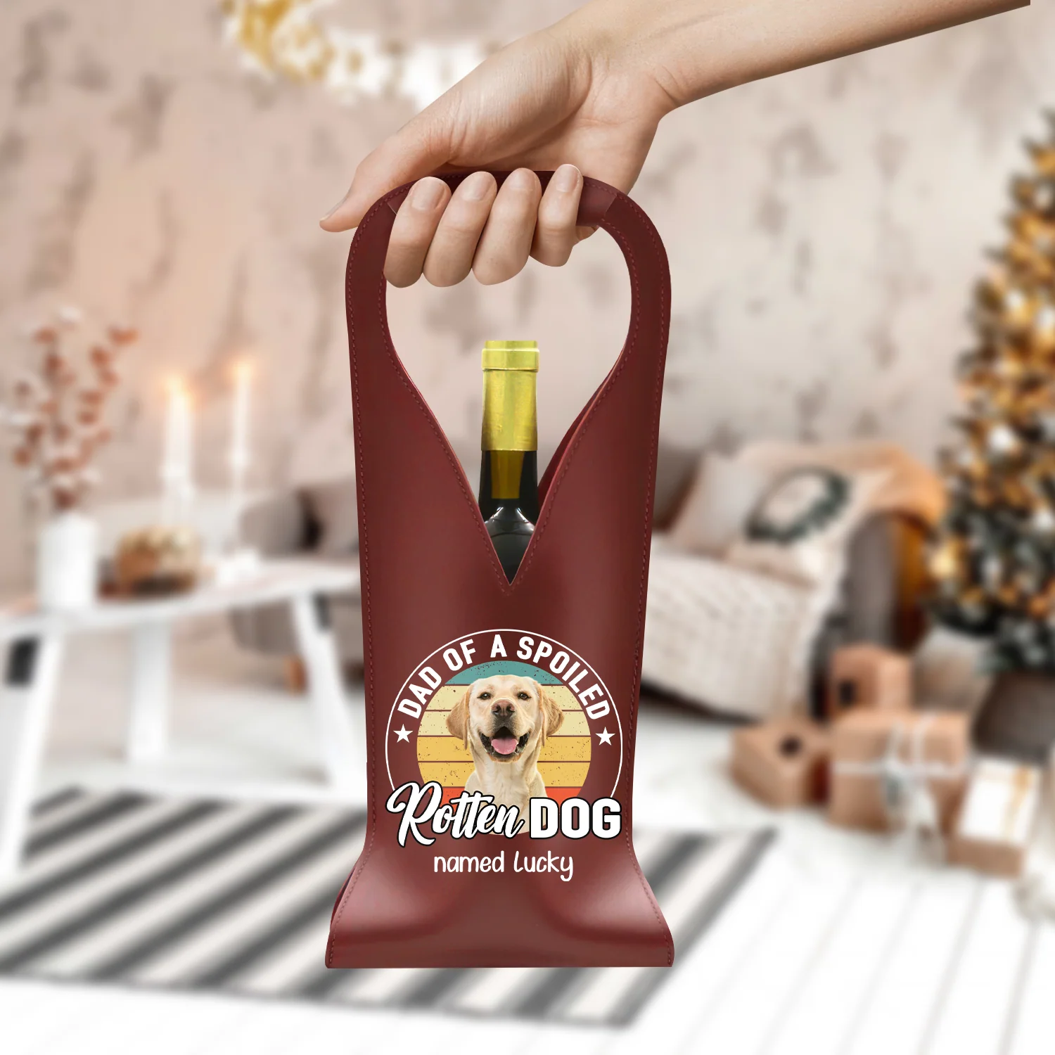 Custom Dog Photo Dad Of A Spoiled Rotten Dog Leather Wine Bag LM32 893879 - Image 4