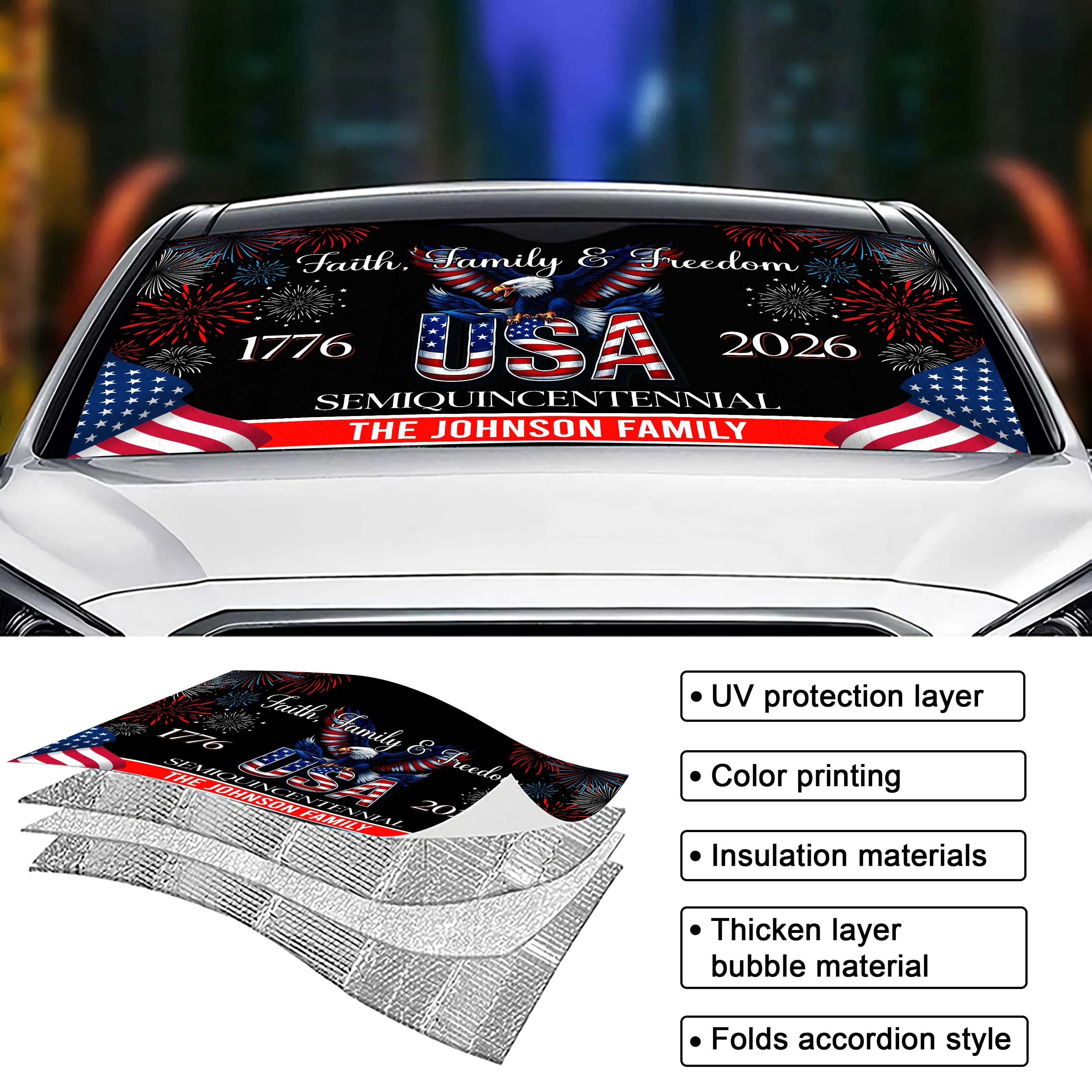 Custom Family Name Faith, Family & Freedom 250 Years of America Patriotic Car Sunshade LM32 897767 - Image 3