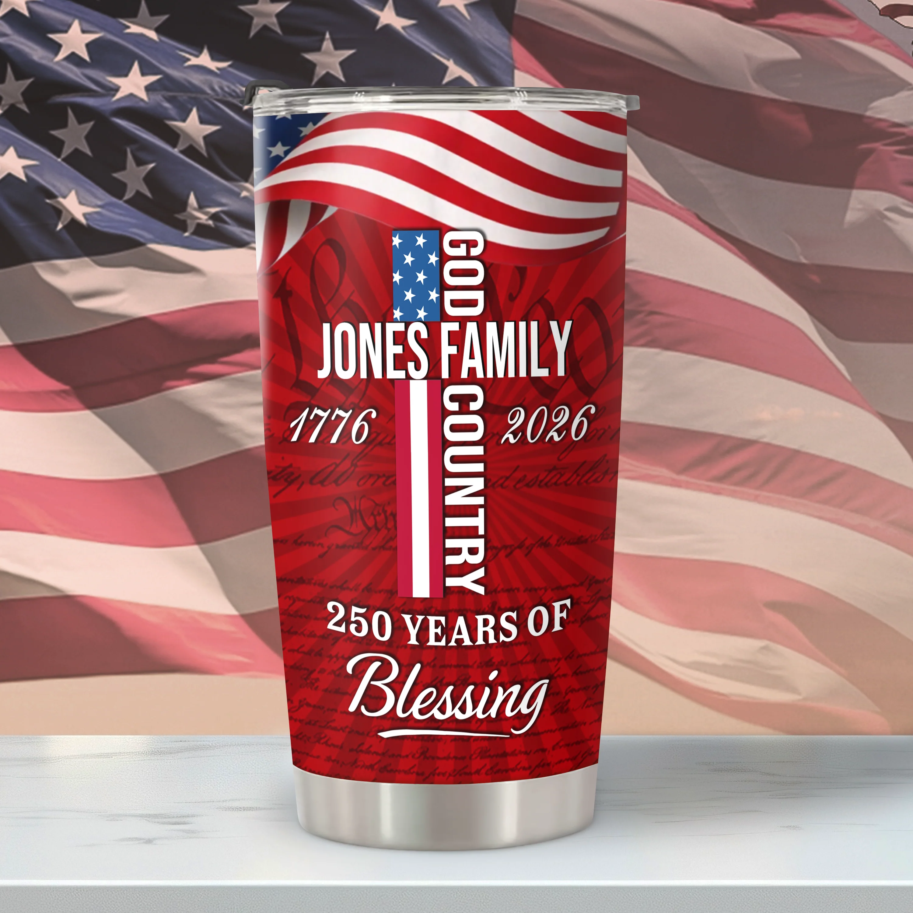Custom Family Name Patriotic American, 250 Years of Blessing God Fat Tumbler LM32 899015 - Image 2