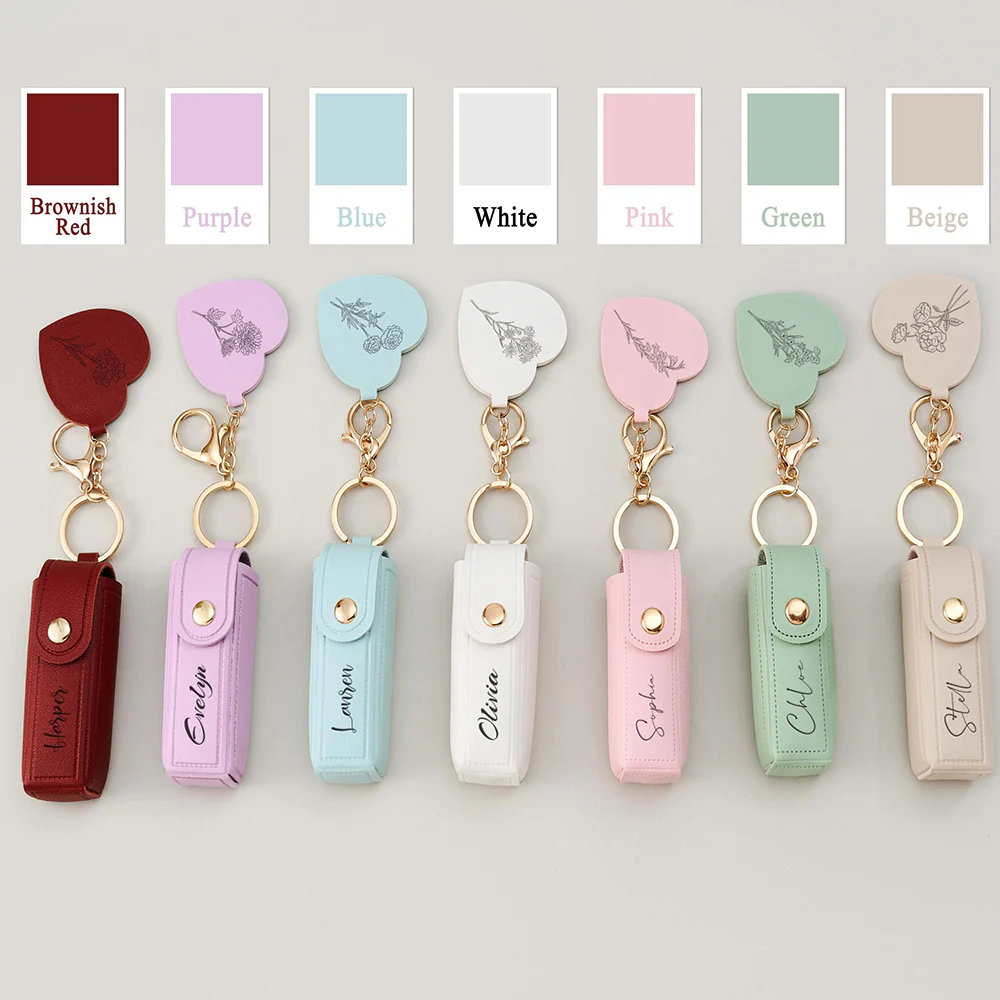 Custom Name Engraved Birth Flower Lipstick Keychain Case With Mirror - Valentine Gift, Birthday Gift for Her LM32 897659 - Image 4