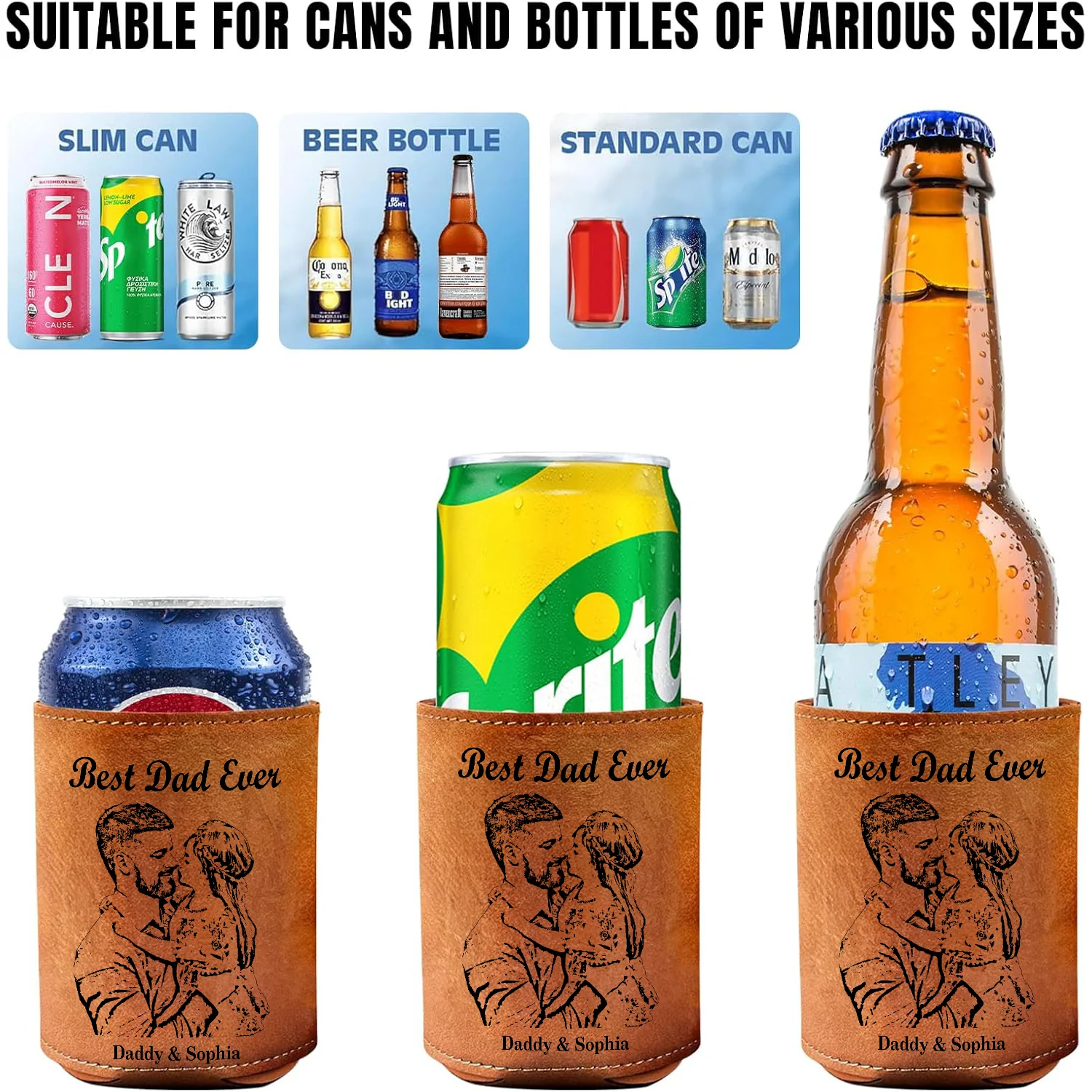 Custom Pencil Drawing Photo Best Dad Ever Leather Can Cooler Holder LM32 893667 - Image 6