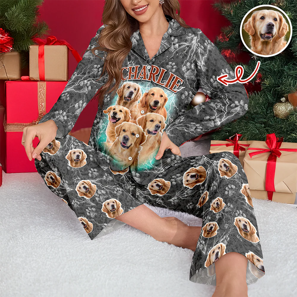 Custom Vintage Bootleg Pet Pajama Set – Personalized Pet Photo Dog Pajamas, Custom Dog Portrait Sleepwear, 90s Retro Lounge Set LM32 897369 - Image 10