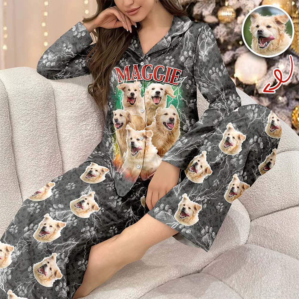 Custom Vintage Bootleg Pet Pajama Set – Personalized Pet Photo Dog Pajamas, Custom Dog Portrait Sleepwear, 90s Retro Lounge Set LM32 897369 - Image 2