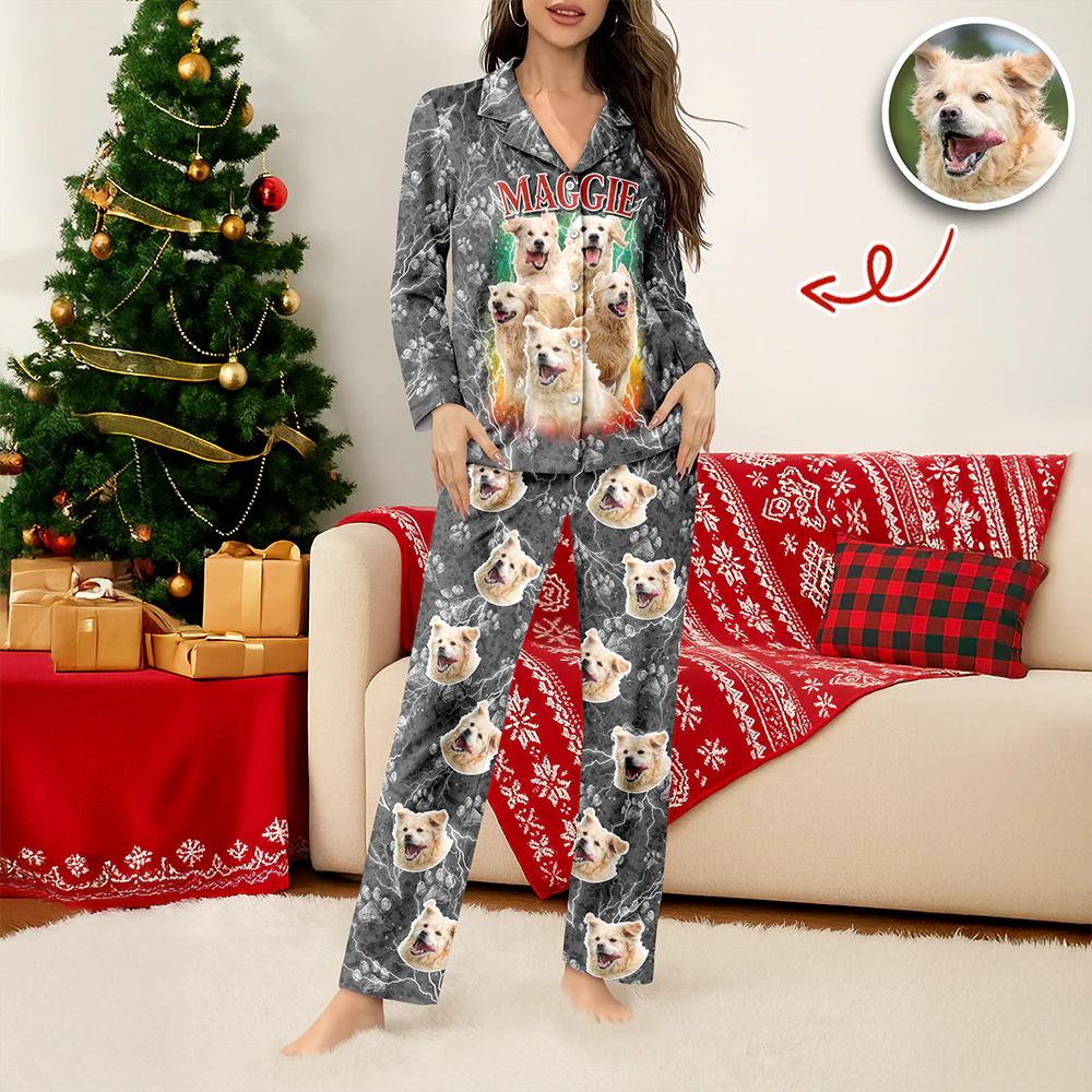 Custom Vintage Bootleg Pet Pajama Set – Personalized Pet Photo Dog Pajamas, Custom Dog Portrait Sleepwear, 90s Retro Lounge Set LM32 897369 - Image 6