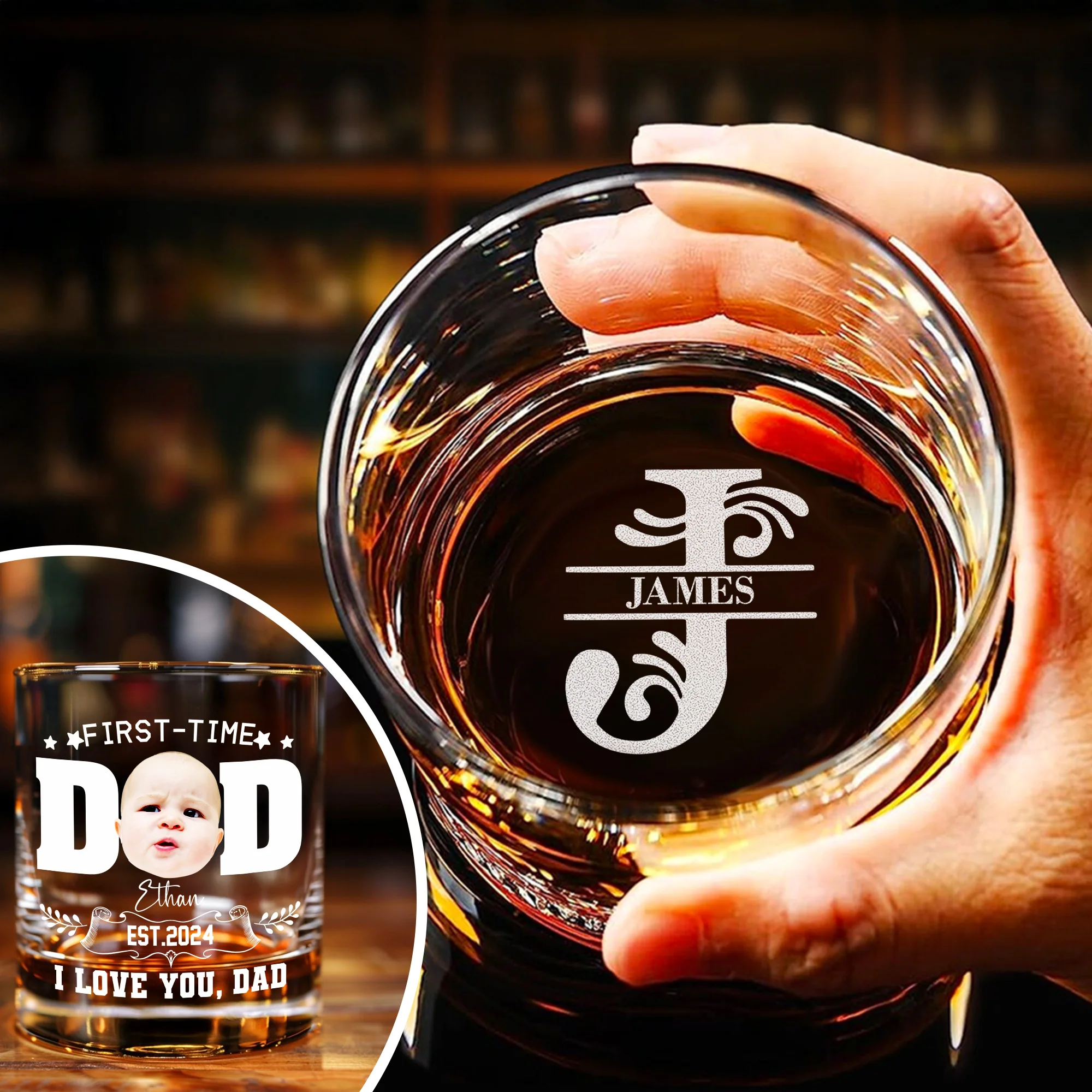 Custom Photo First Time To Be Dad Monogram Letter Engraved Whiskey Glass LM32 893551 - Image 3