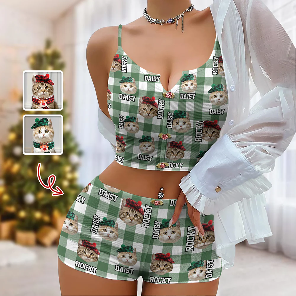 Custom Photo Name Dog Cat Christmas Flannel Appliques Notched Neckline Lingerie Set LM32 893909 - Image 6